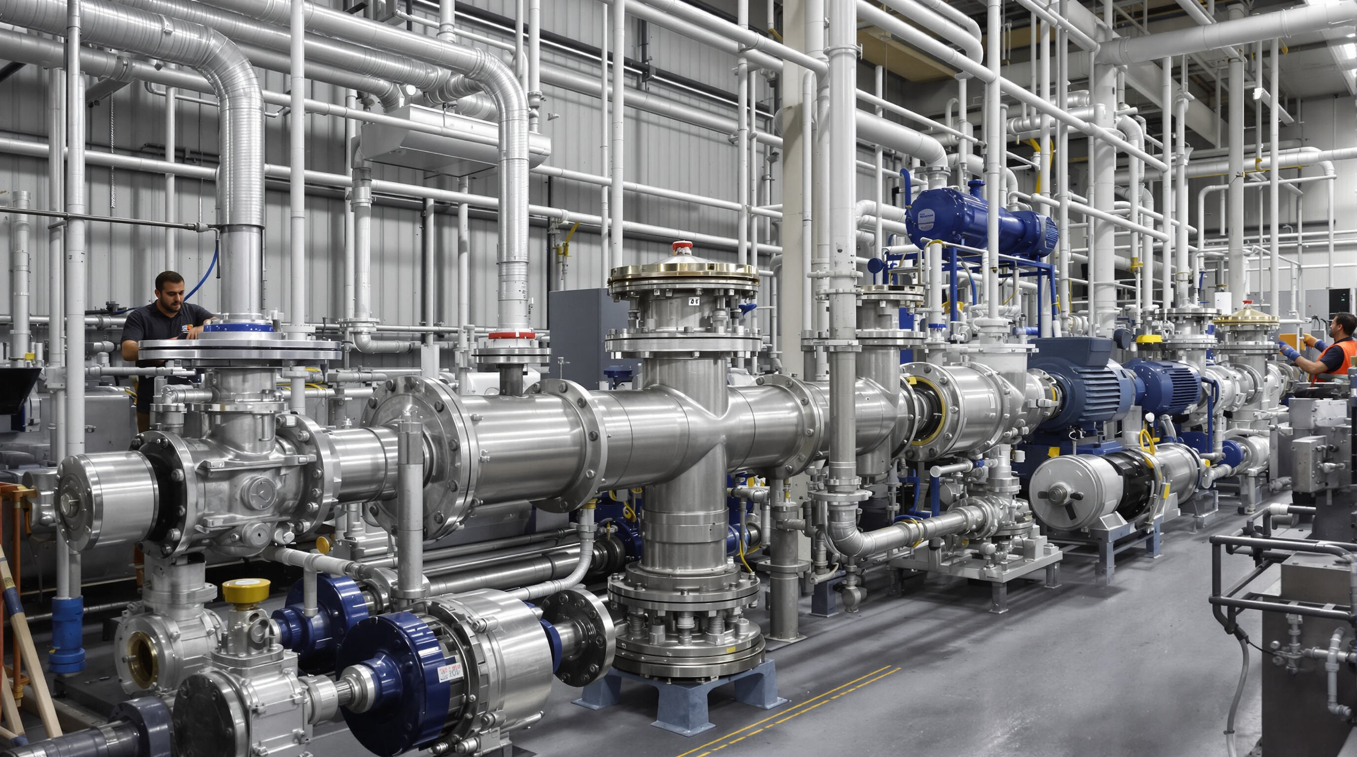 Photorealistic factory scene showing Y strainer maintenance protecting pumps and valves.