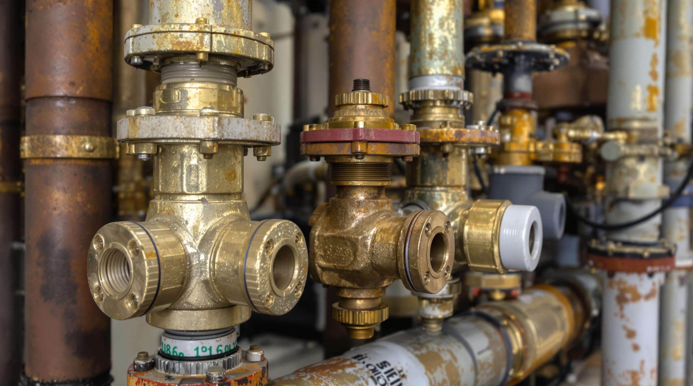 Brass, steel, and PVC valves on pipes in a humid environment showing contrasting corrosion levels