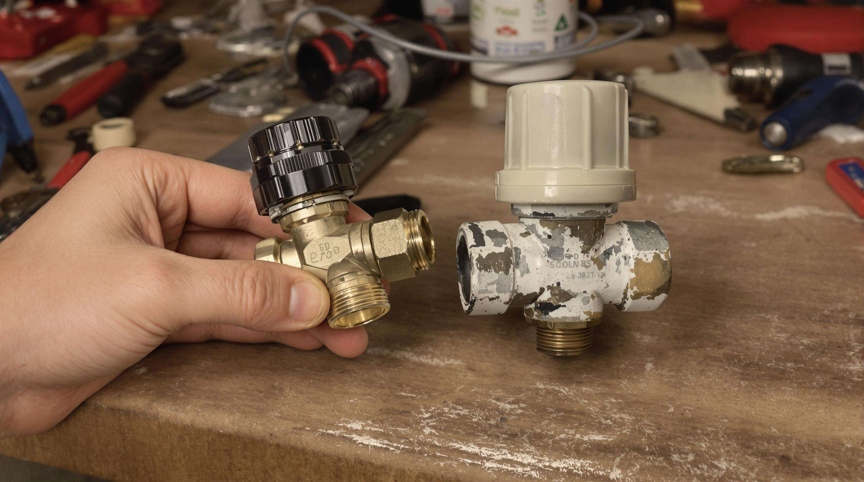 Comparison of a new brass valve and a worn plastic valve on a workshop table with tools