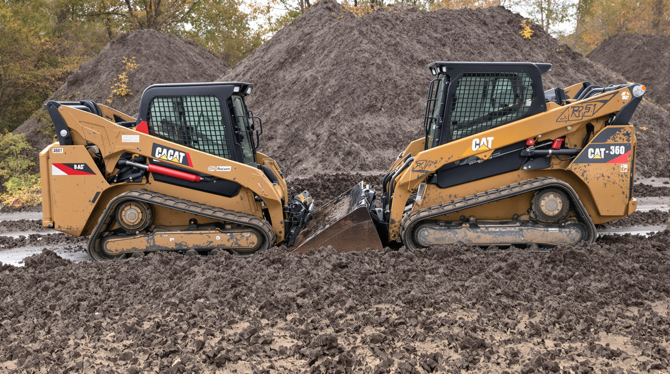 A skid loader with wheels and a compact track loader with tracks side by side on muddy and firm terrain, highlighting how each machine distributes weight on the ground.