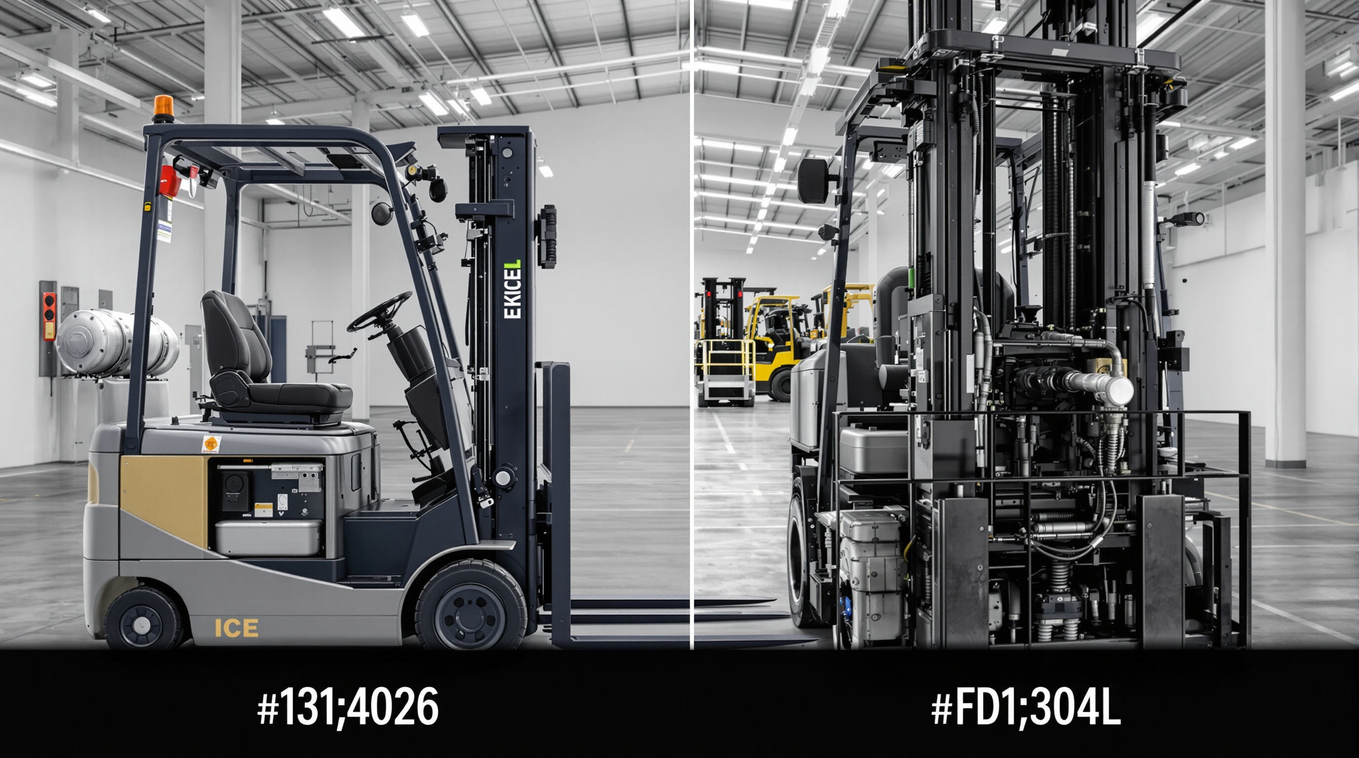 Electric and internal combustion forklifts side by side highlighting differences in maintenance needs