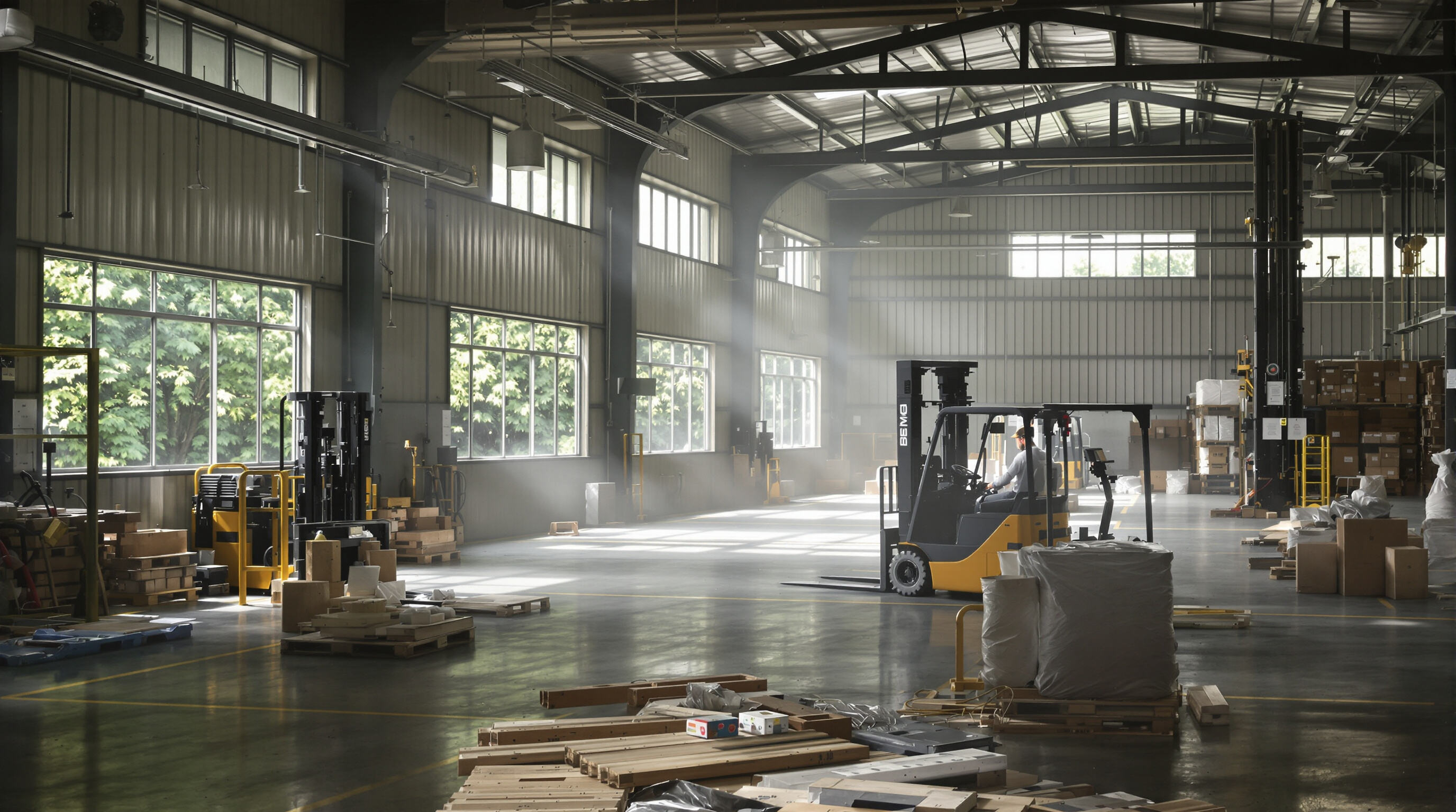 Electric forklifts working in a sunlit warehouse with greenery outside and clean air