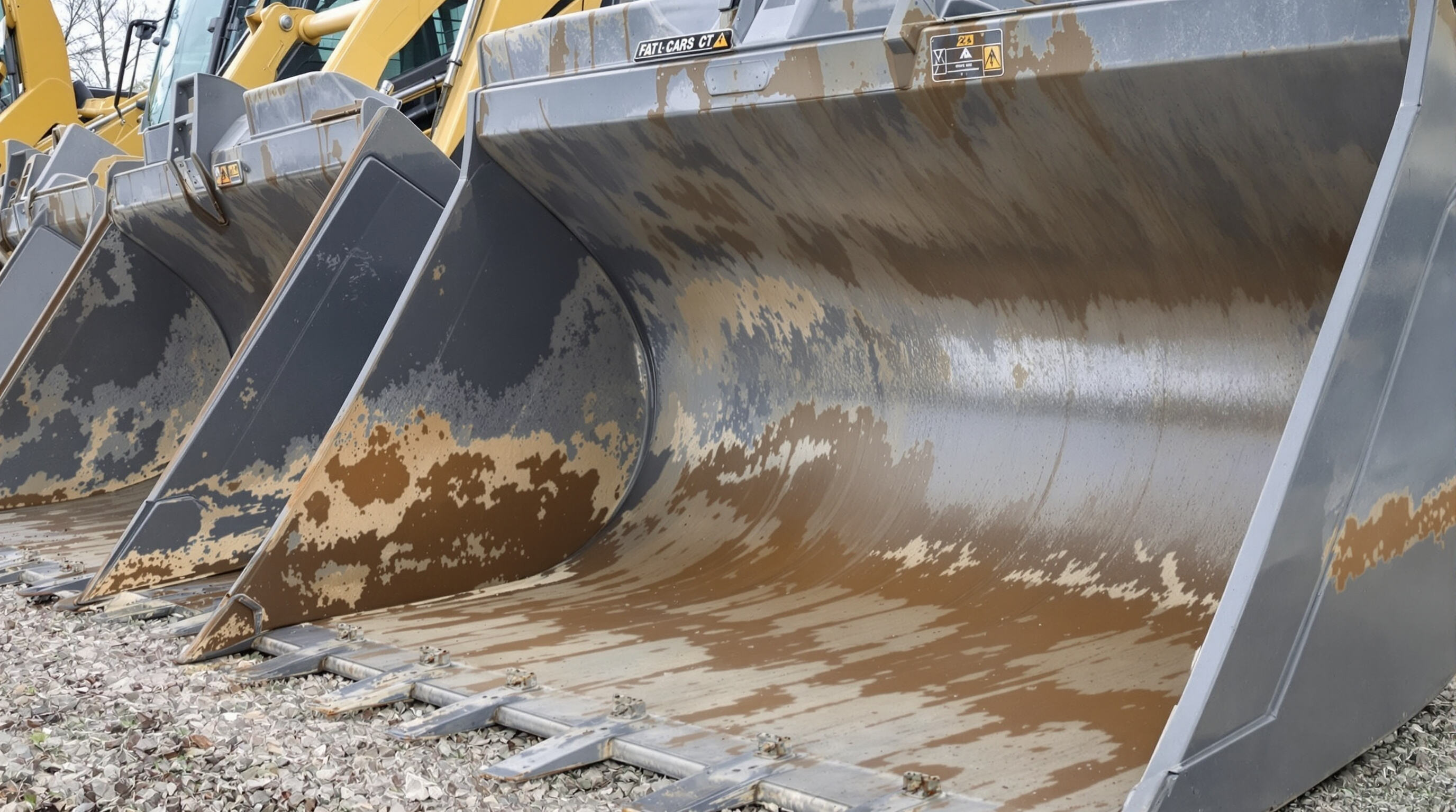 Close-up of skid loader buckets showing steel thickness, reinforcement, and wear bars