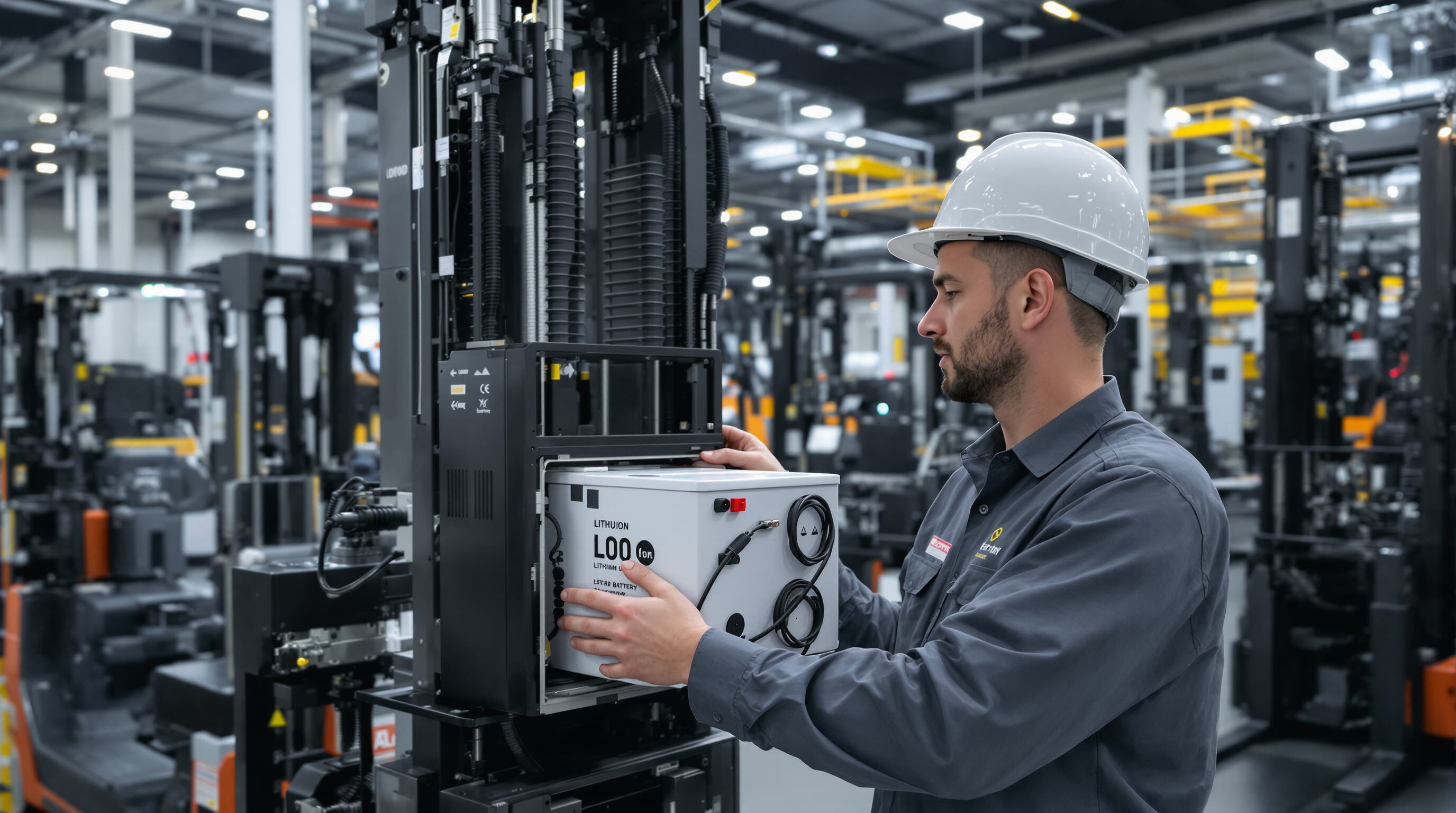 Warehouse technician examining lithium-ion forklift battery with other forklifts charging nearby