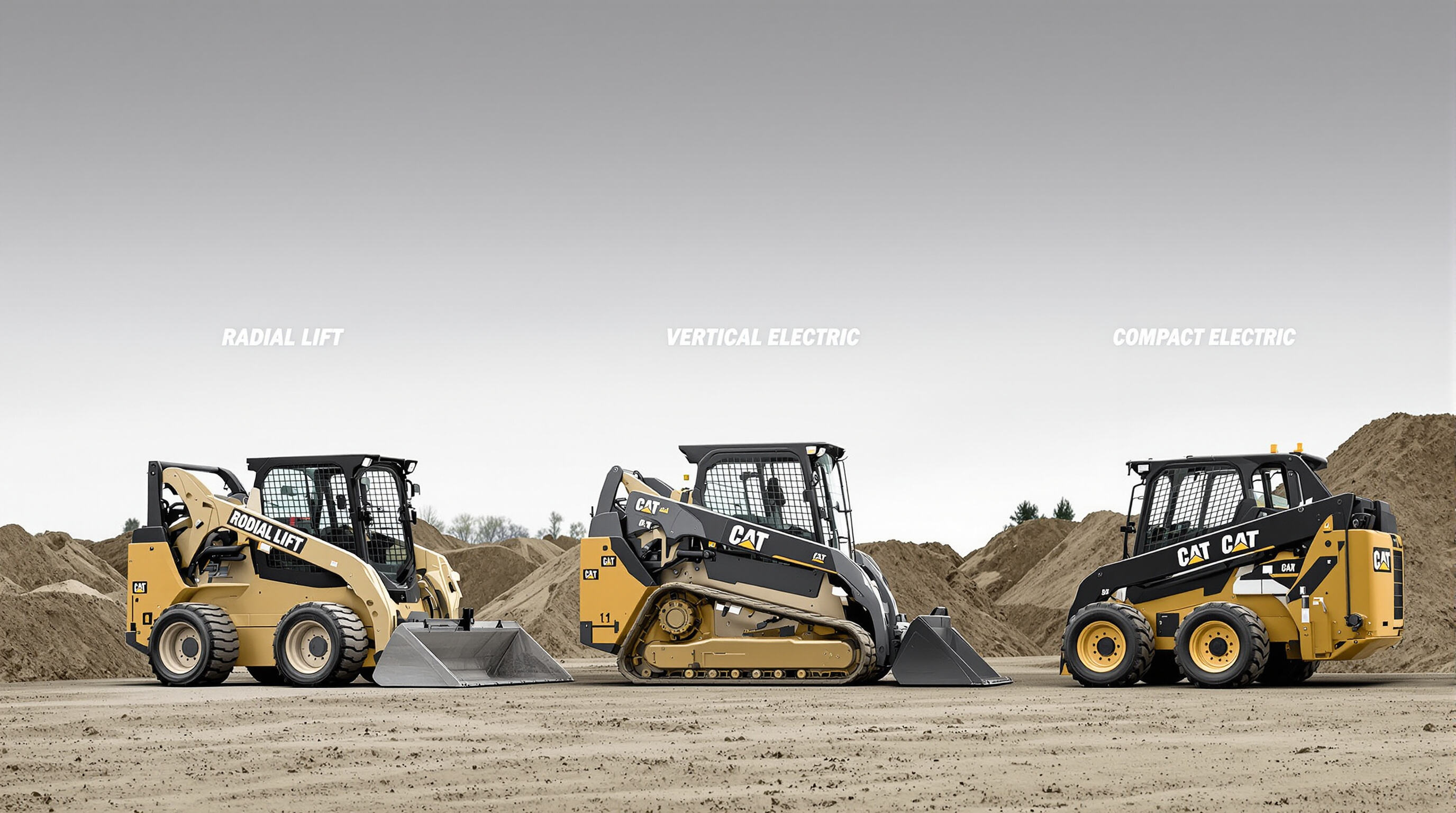 Three skid loader types side by side with distinct lift mechanisms and size differences