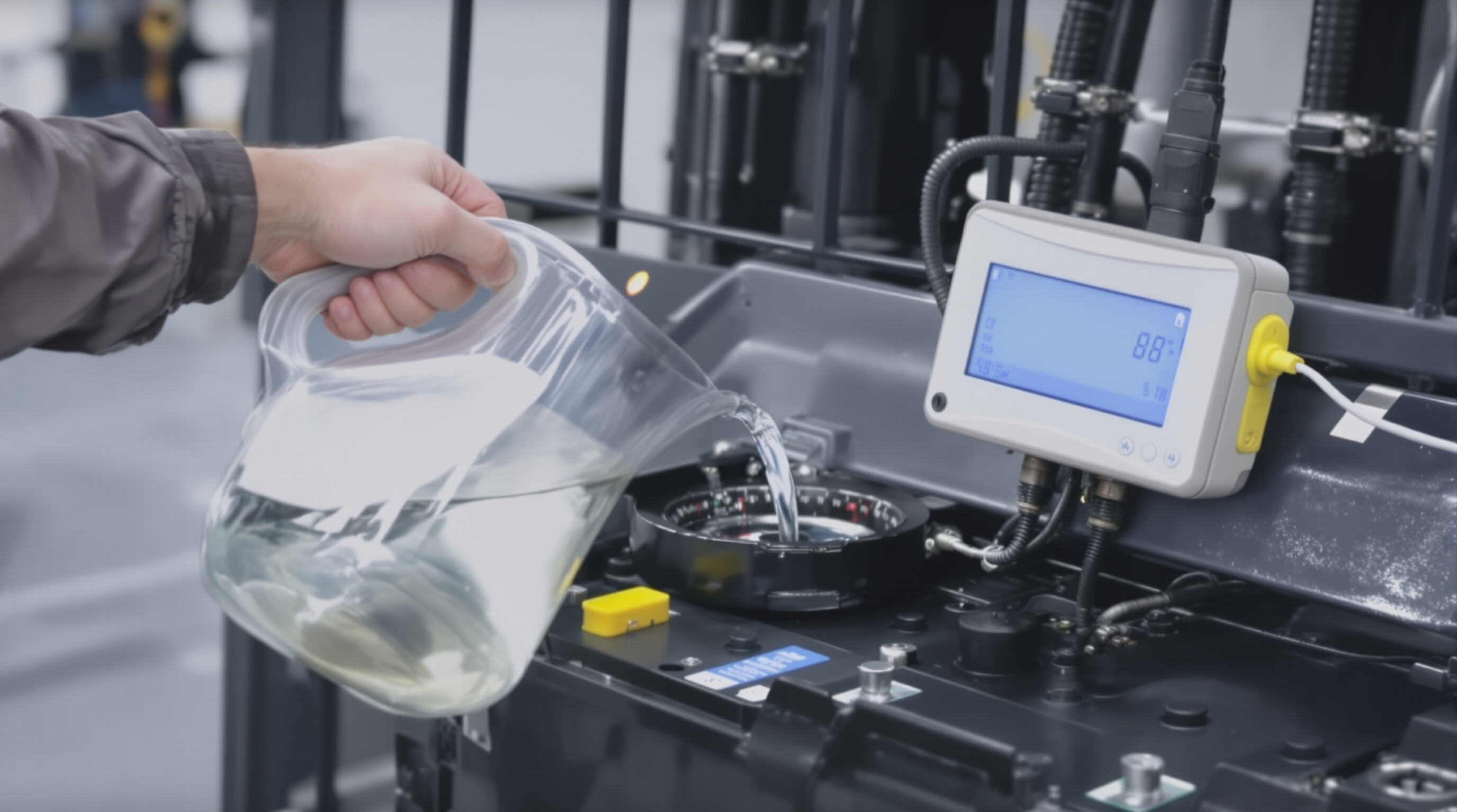 Technician refilling a forklift battery with distilled water and monitoring temperature sensor