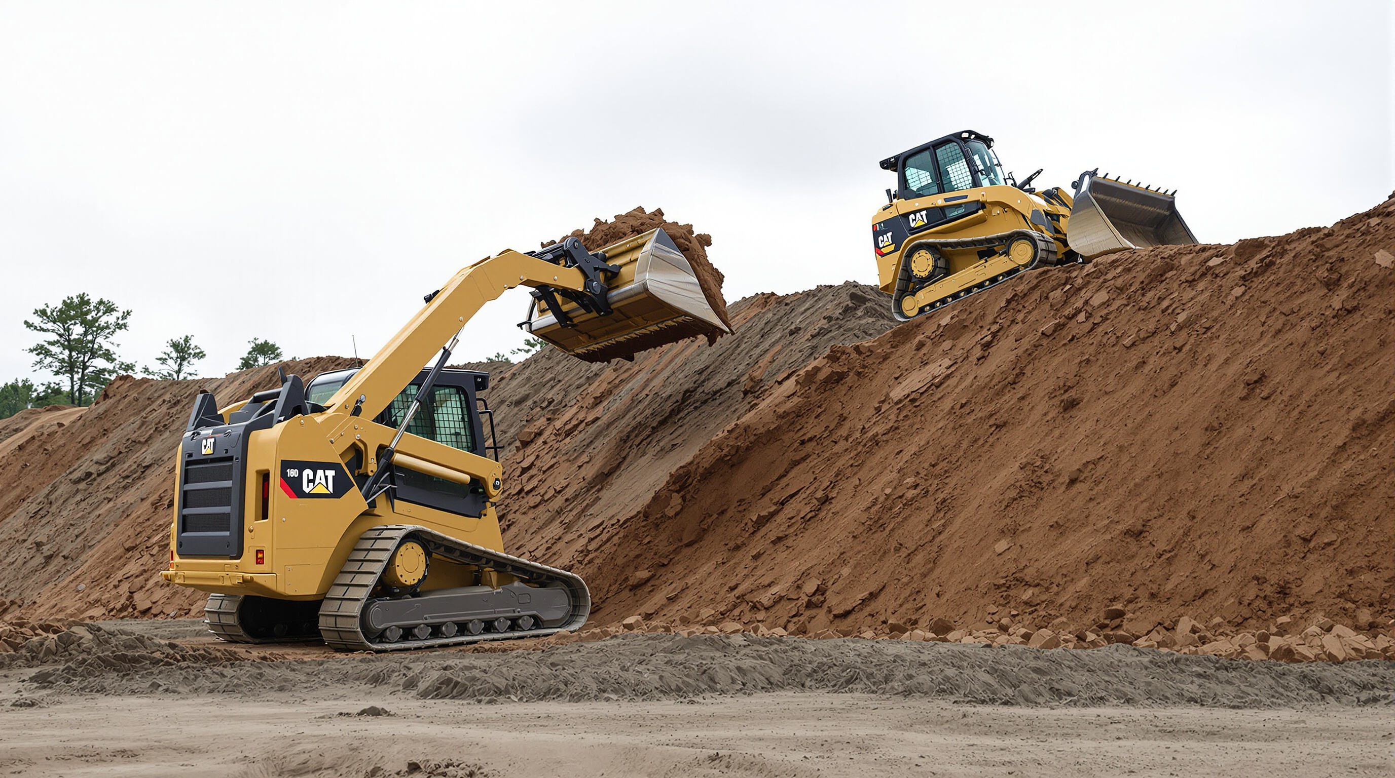 A skid loader and a compact track loader operating on a sloped, uneven worksite, illustrating lifting capacity and stability differences between the machines.