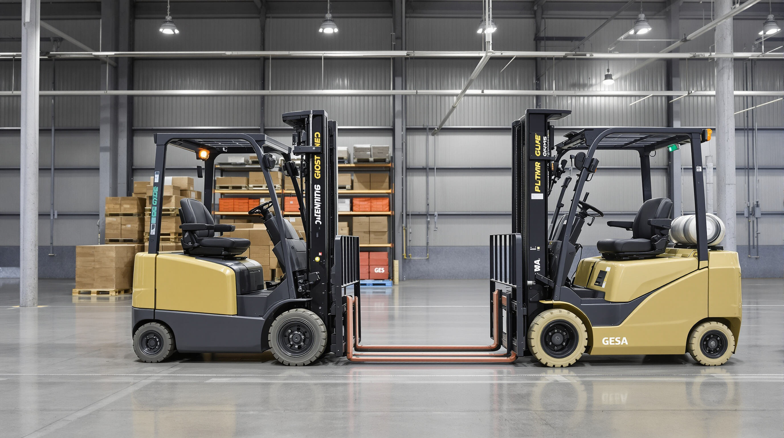 Electric and gas forklifts working side by side in a warehouse, highlighting emission differences