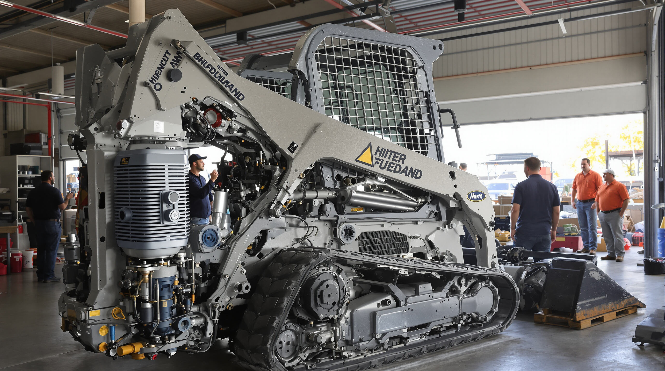 Skid loader with exposed hydraulic components and lift arms being examined in a workshop