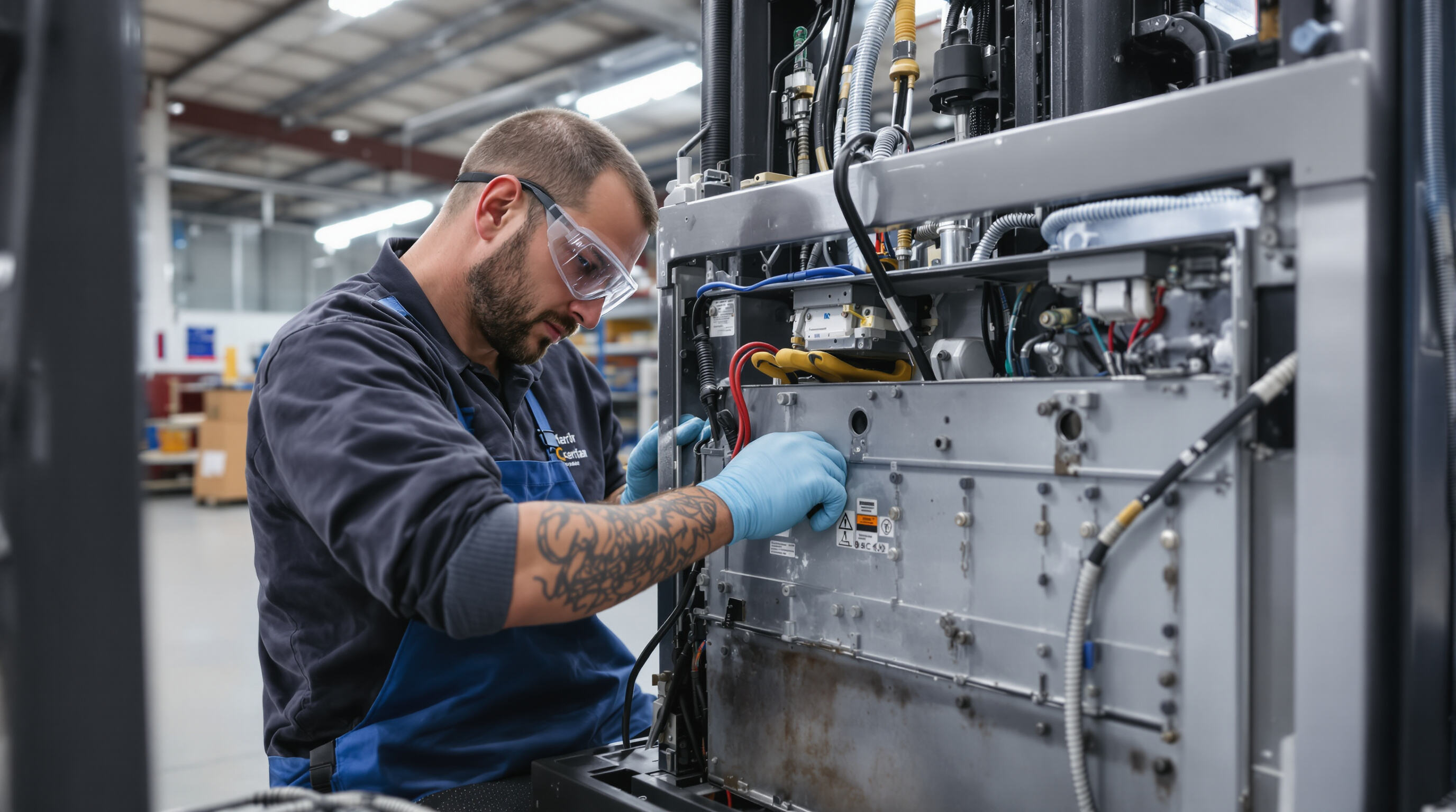 Technician cleaning and inspecting an electric forklift battery in a warehouse