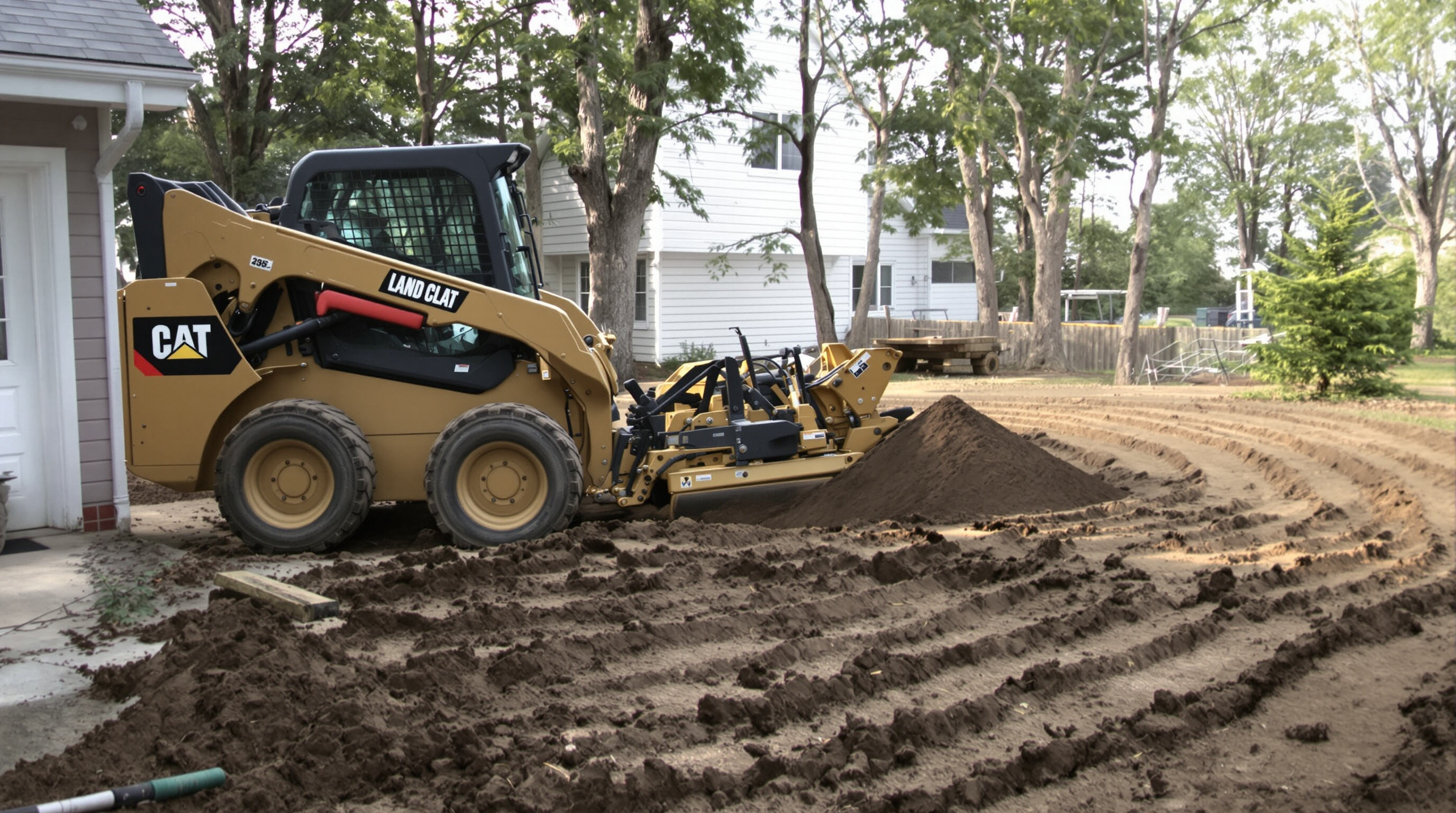 Skid loader with grading attachment leveling soil in a backyard
