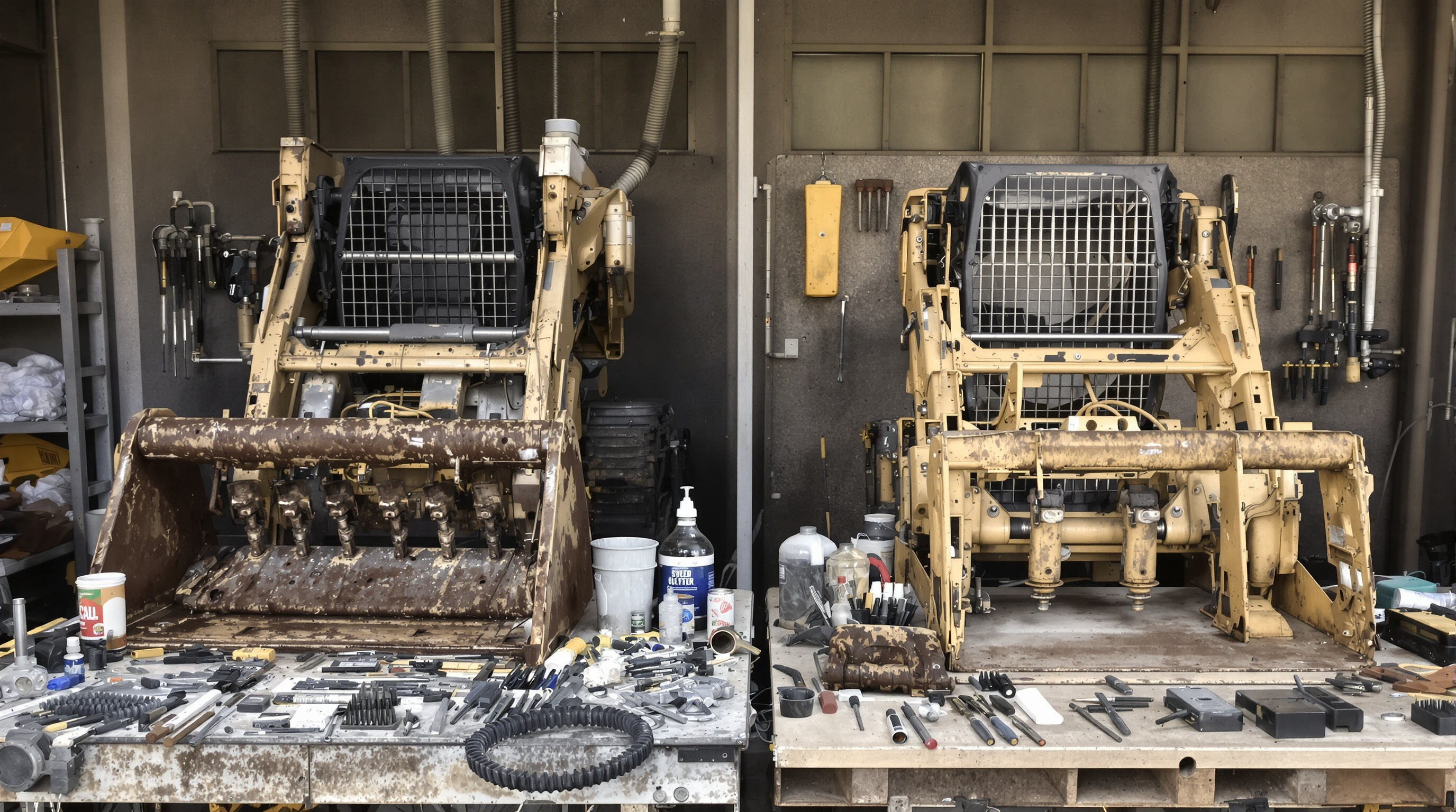 Comparison of worn versus new skid loader attachments showing cost and longevity differences
