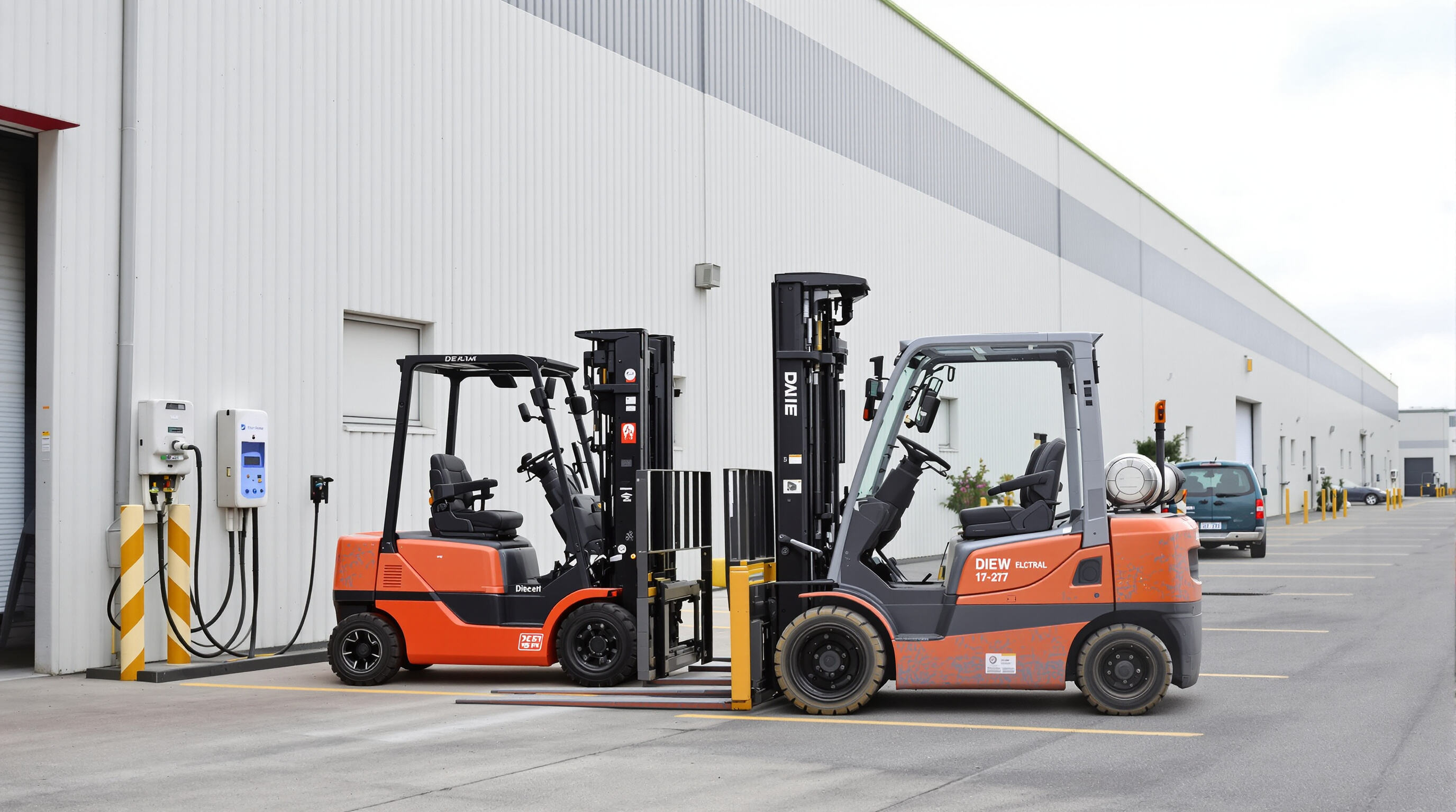 Electric and diesel forklifts side by side, illustrating differences in power source and emissions