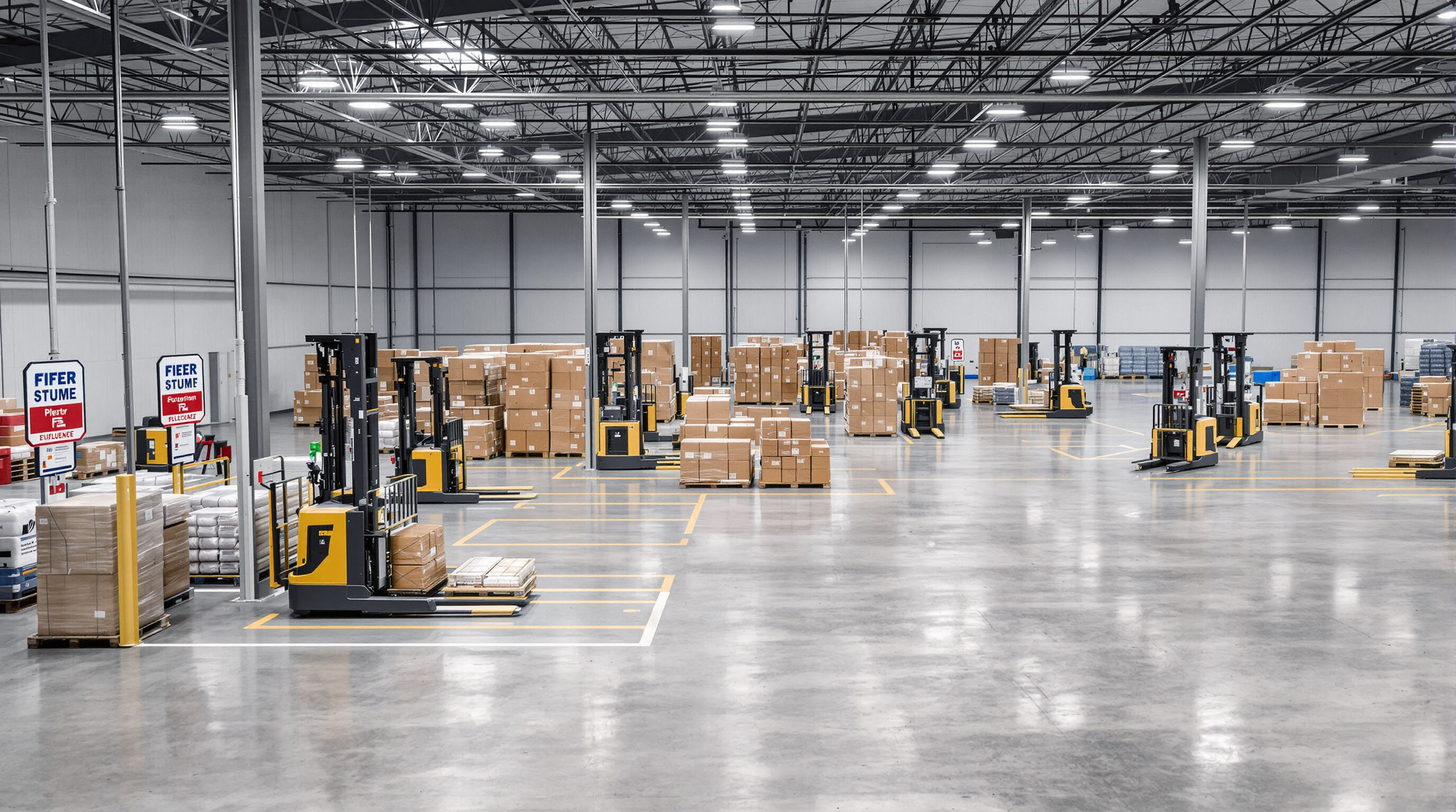 Electric forklifts operating in a modern warehouse with charging stations and clean work areas