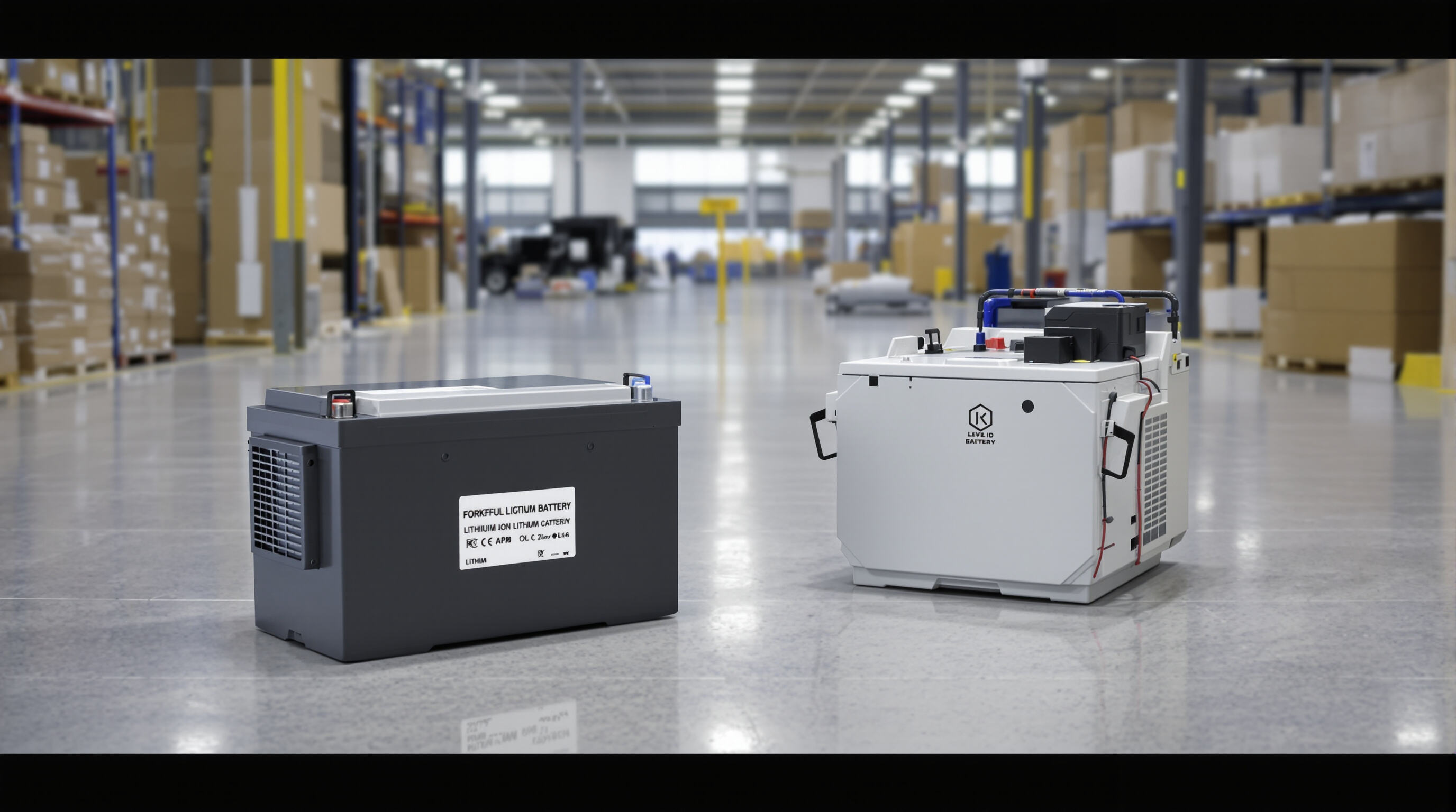 Lead-acid and lithium-ion forklift batteries side by side in a warehouse, illustrating design and charging differences