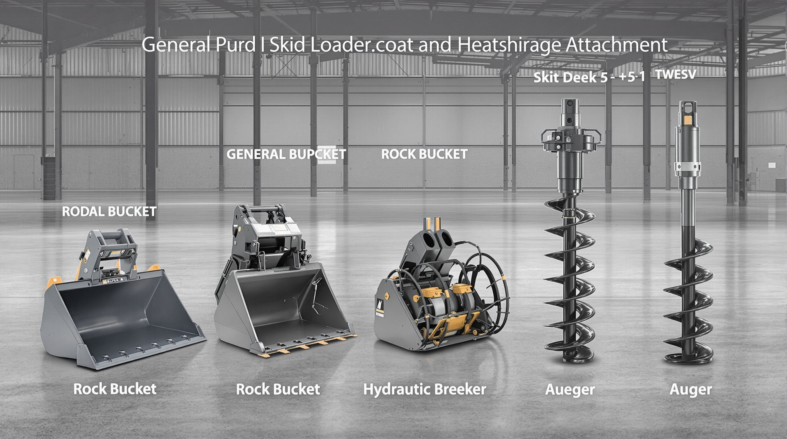 Four types of skid loader attachments arranged in a warehouse for comparison