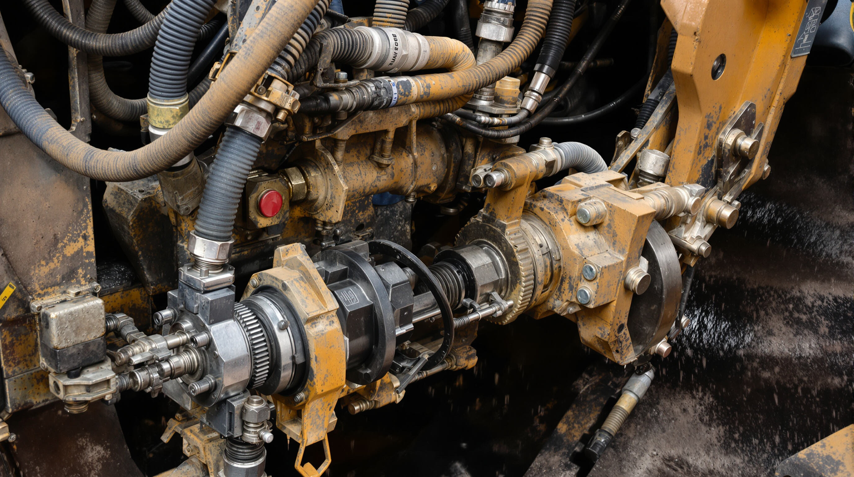 Detailed view of hydraulic connections as an auger is attached to an excavator
