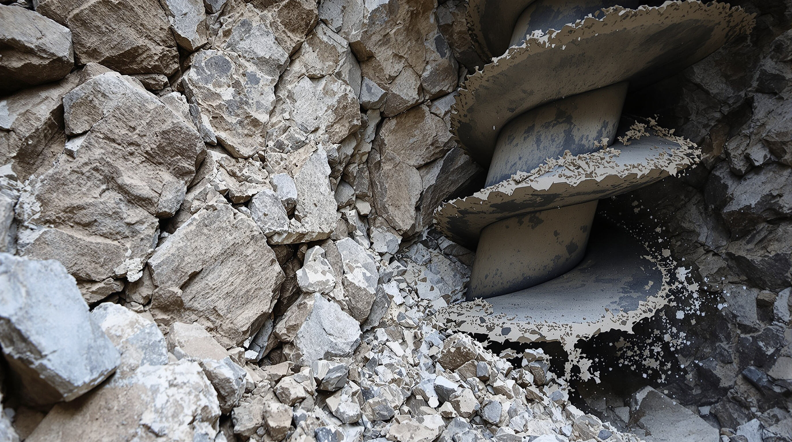 Rock auger with carbide tips drilling into rugged bedrock and ejecting debris