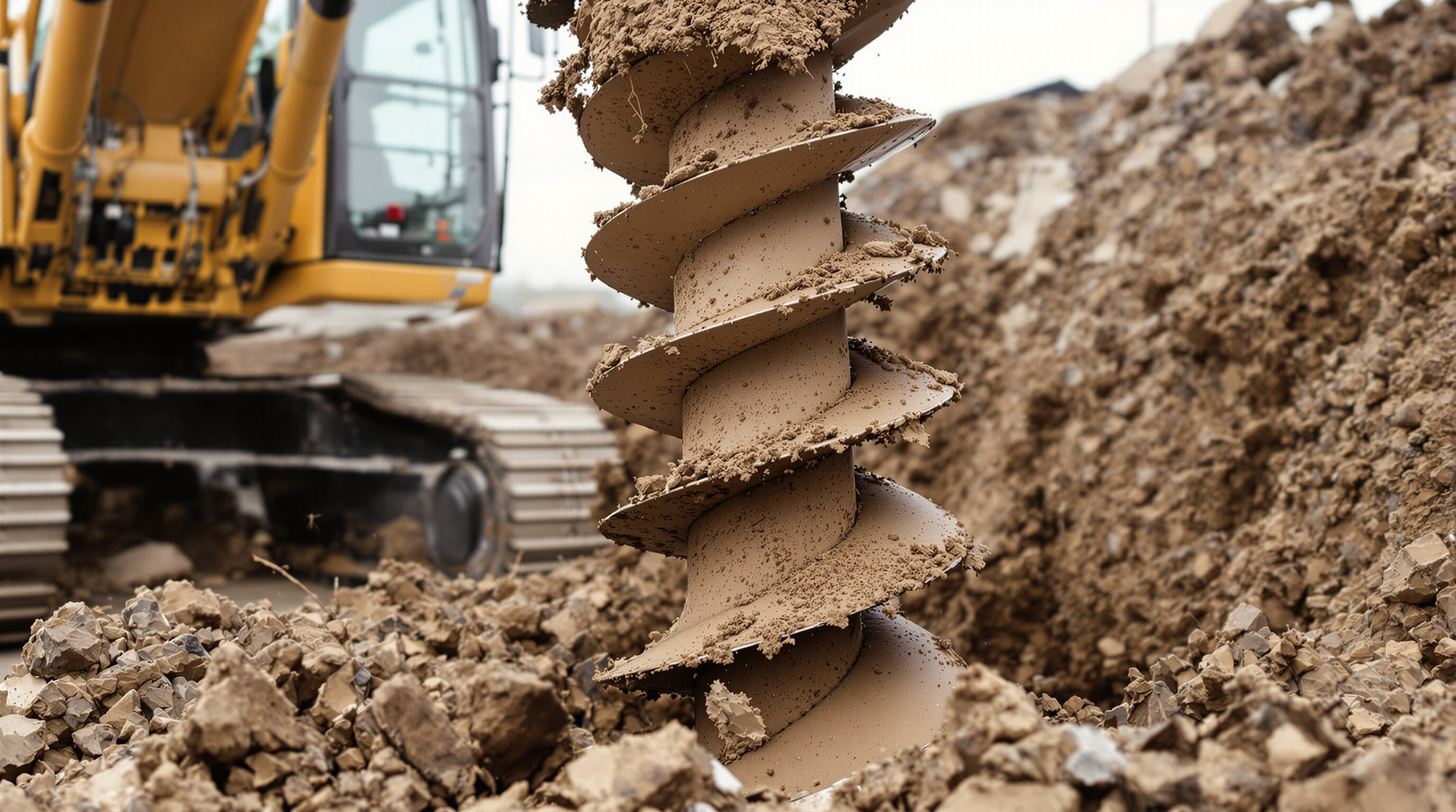 Excavator auger attachment drilling into soil, showing spiral blade and hydraulic hoses during operation