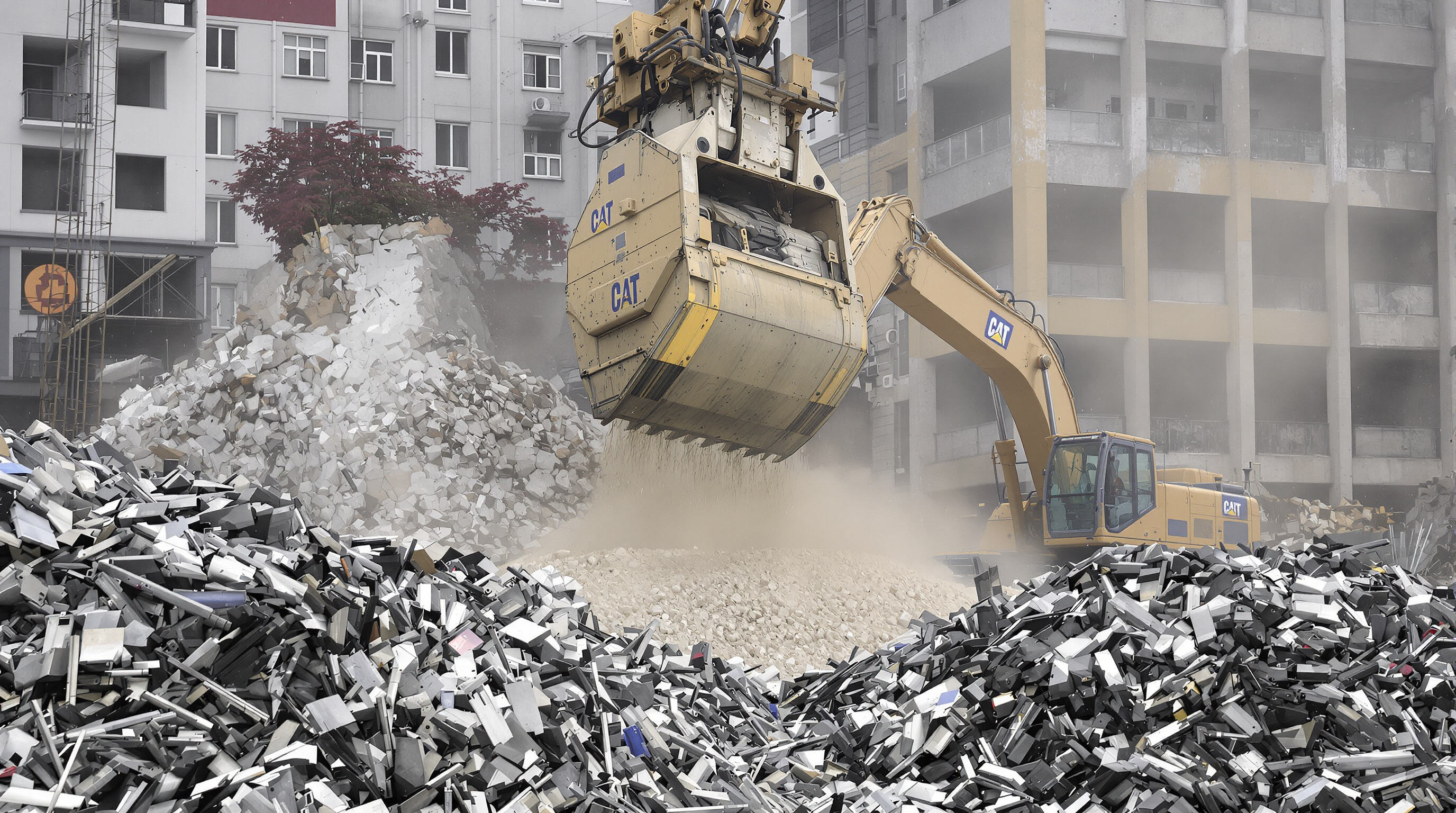 Excavator with crusher bucket processing demolished concrete into reusable aggregate, steel bars sorted aside
