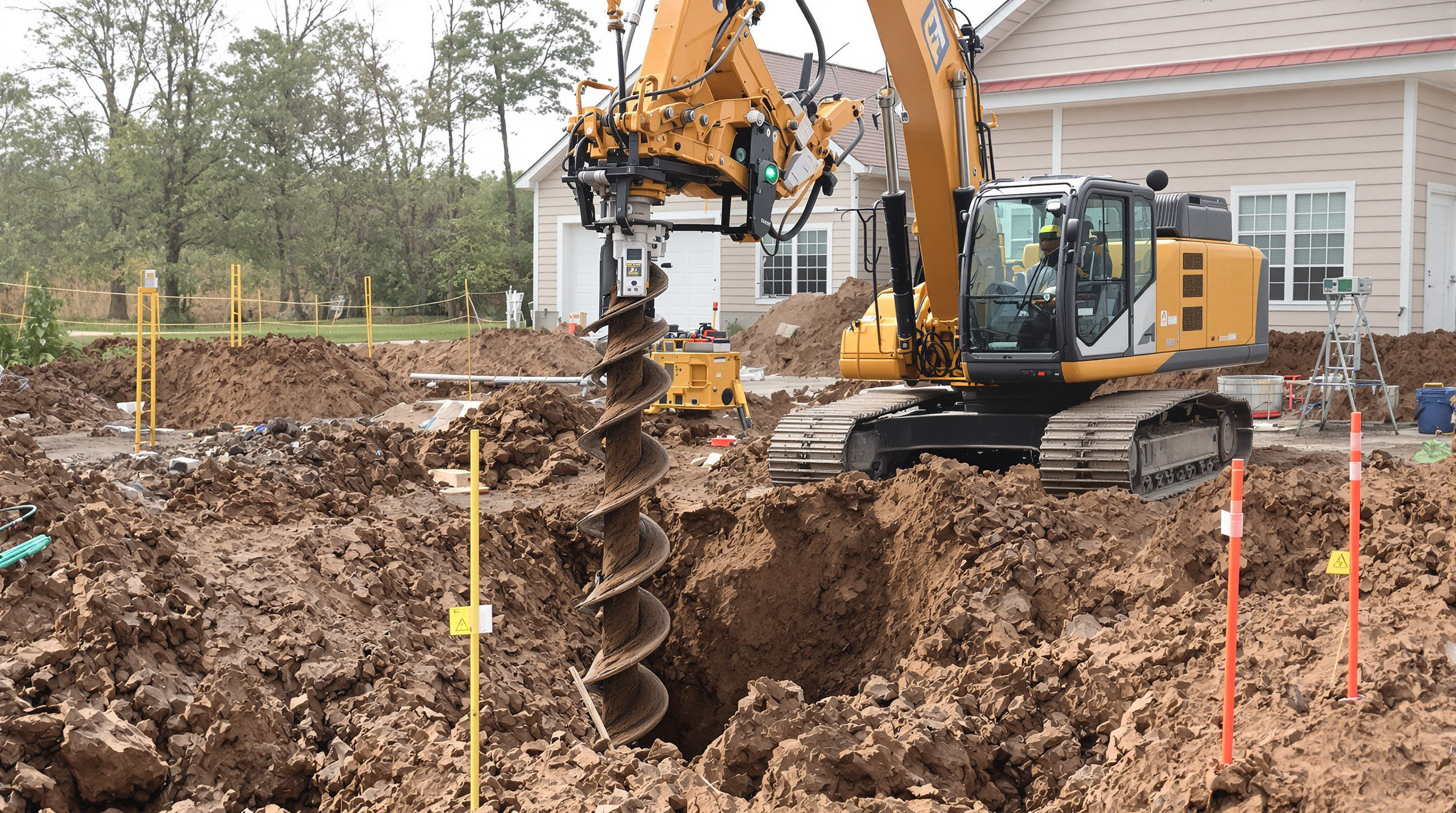 Excavator auger drilling a precise, straight foundation hole at a construction site