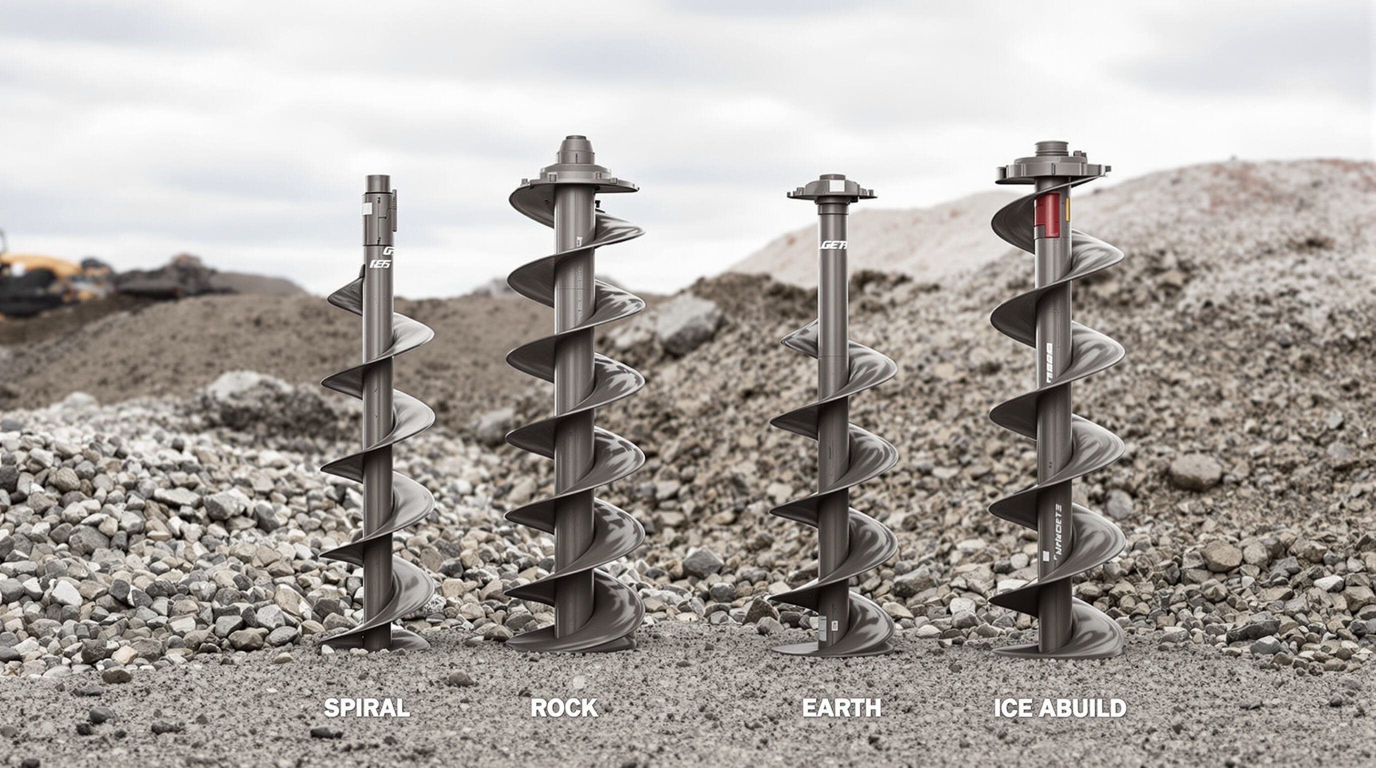 Four types of excavator auger bits—spiral, rock, earth, and ice—displayed on the ground showing differences in design