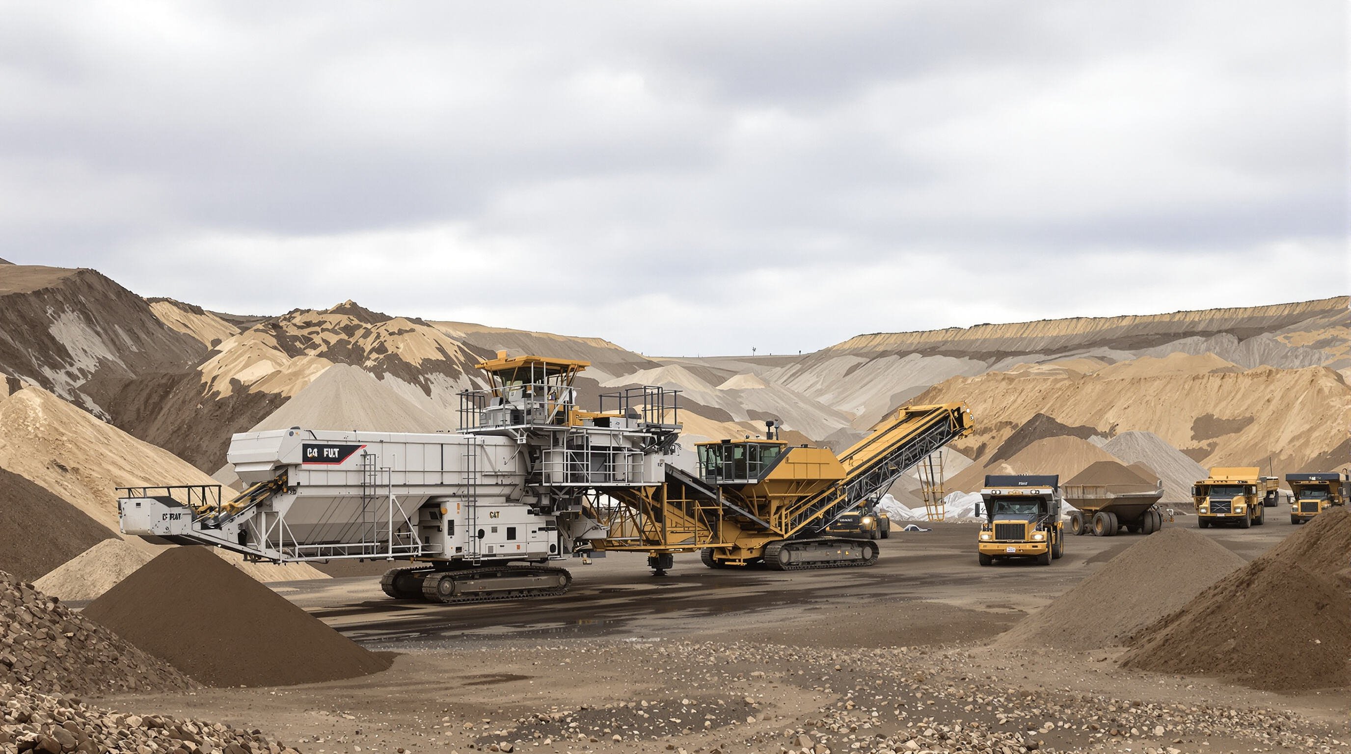 Excavator using a crusher bucket to process ore directly at a mining site with haul trucks in the background