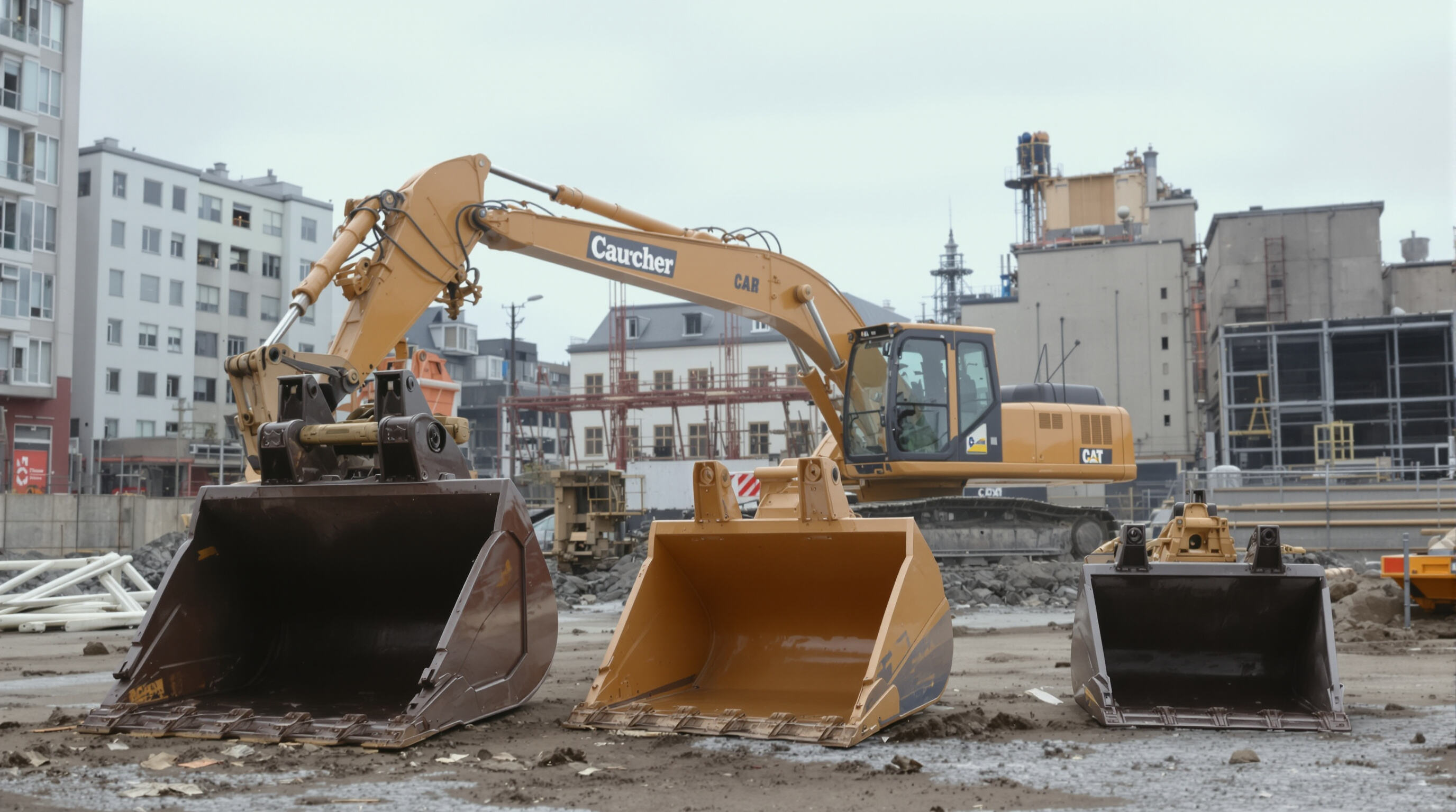 Excavator with different crusher bucket sizes at a construction site