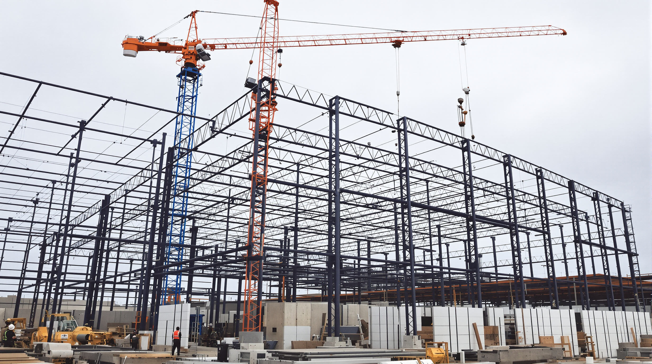 Construction workers assembling prefabricated steel components with cranes at a modern building site