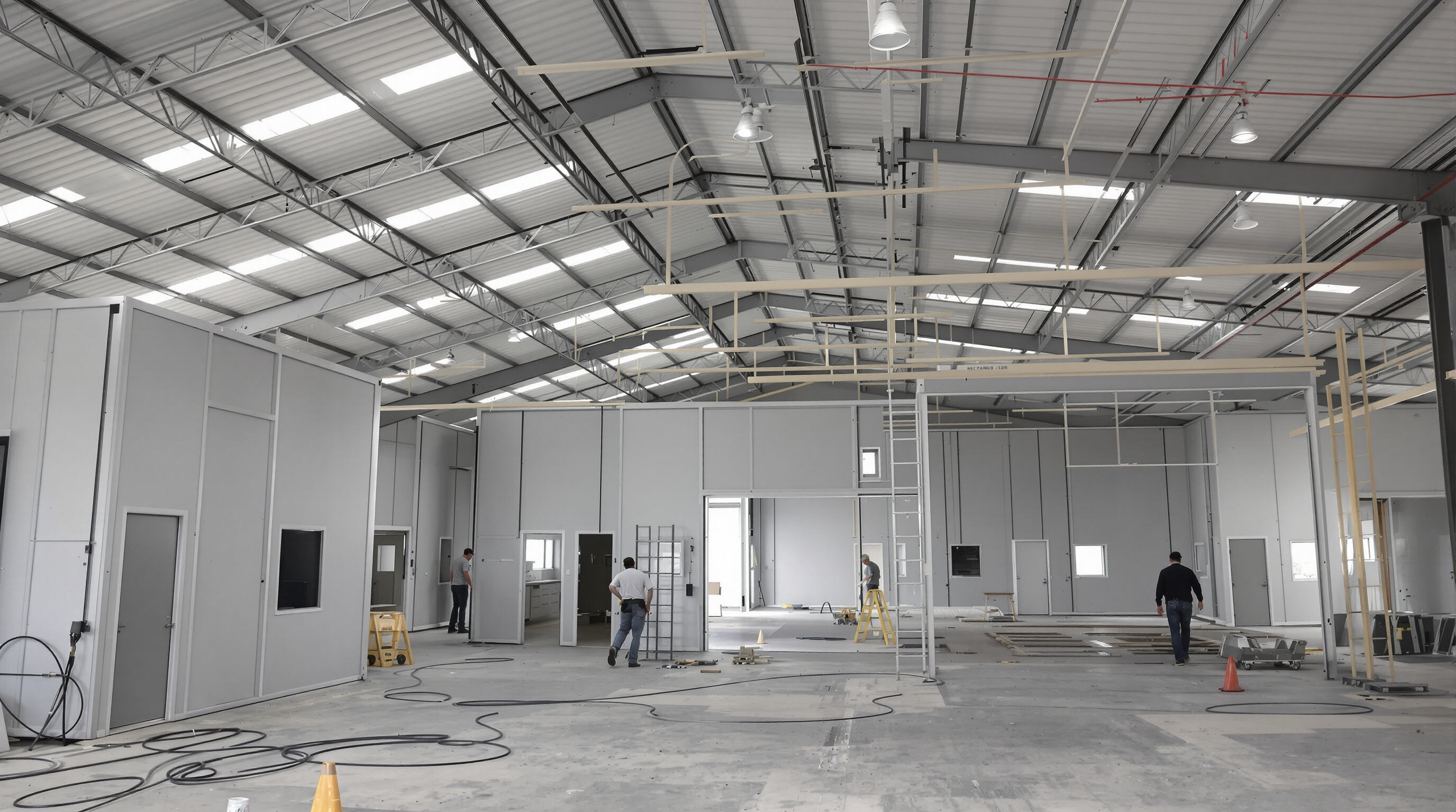 Workers expanding and reconfiguring a modular industrial workshop using prefabricated panels