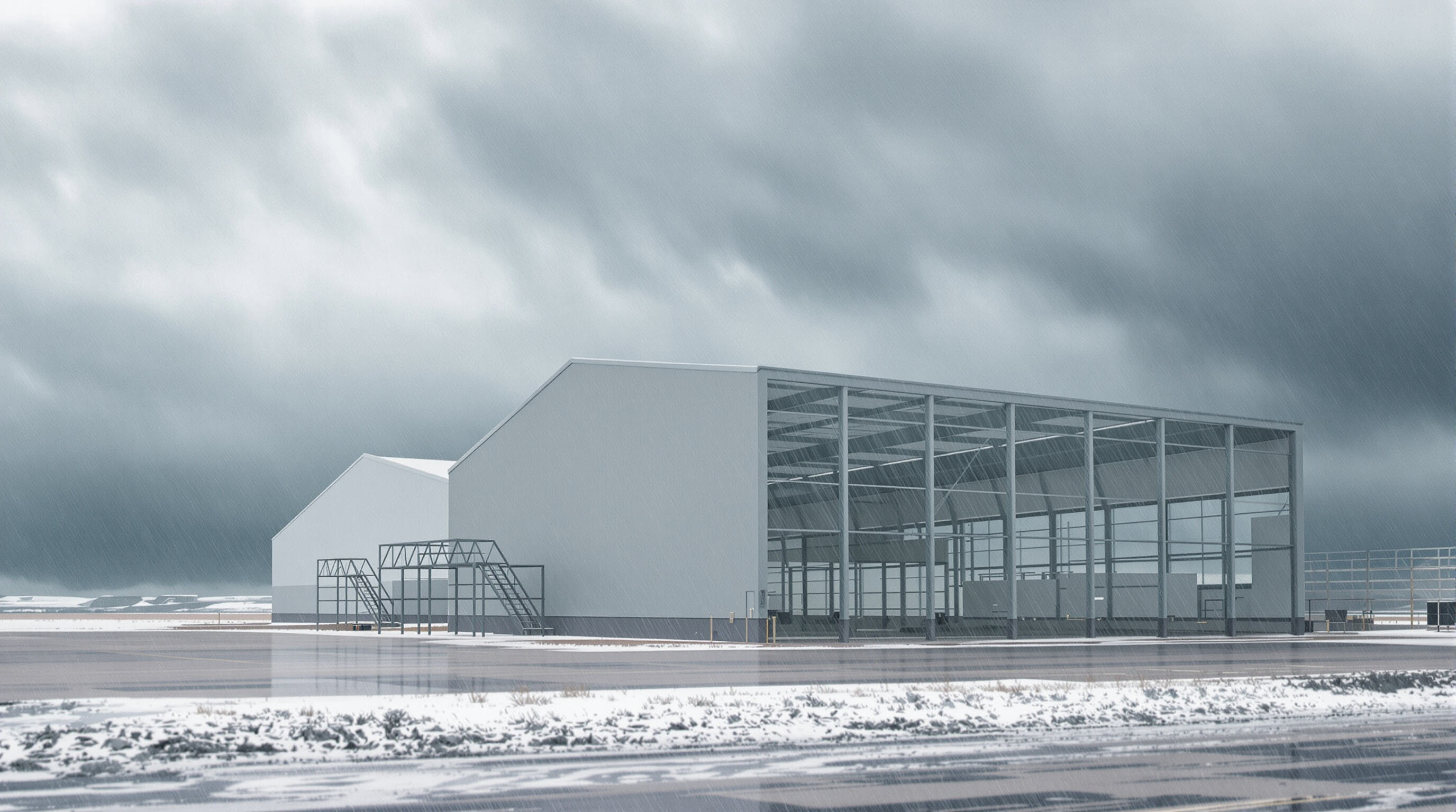Steel-framed building with reinforced structure enduring wind, rain, and snow on an open plain