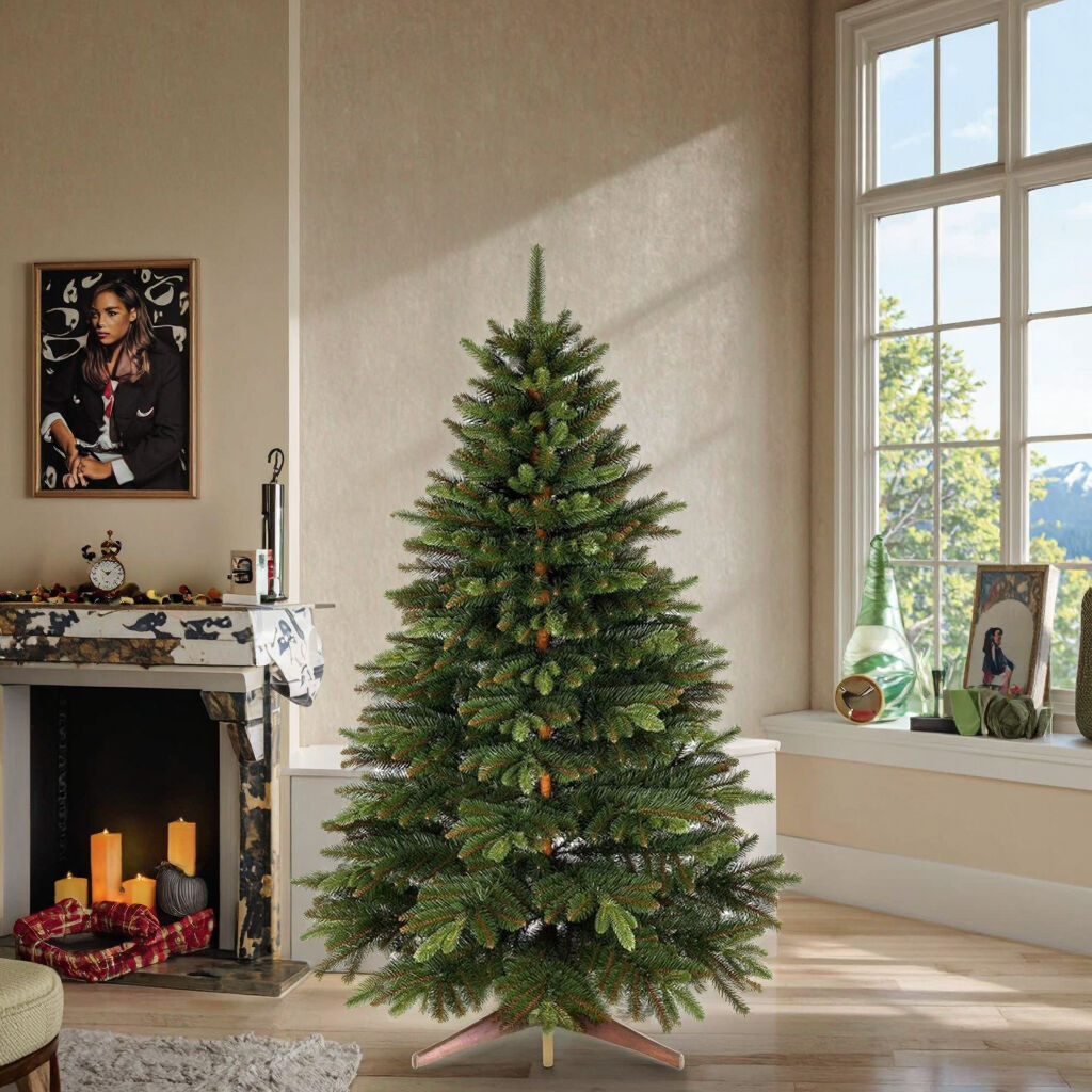 2025 High Quality PE PVC Mixed 0.25mm Single Layer Christmas Tree with Wooden Stand Hot Sale supplier