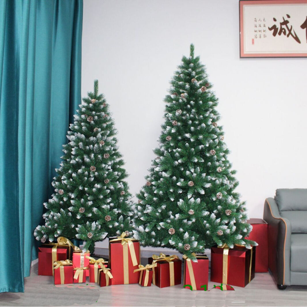 Promotional Cheap Artificial Christmas PVC Tree with White Glitter and Pine Cone Silver Berry for Home Office Holiday Decor details