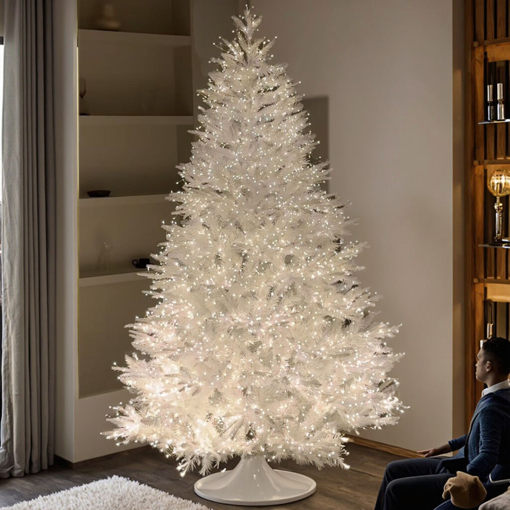High Quality White PVC Artificial Christmas Tree 180 cm Custom Cold White LED Lights Standing Base for Decorations Wholesale manufacture