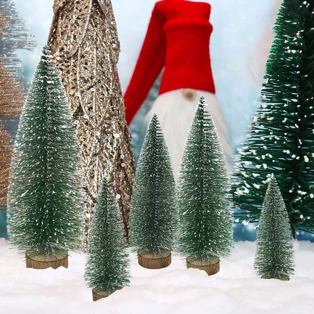 Artificial Tabletop Mini Christmas Village Tree Bottle Brush Trees with Wooden Base for Christmas Party Home Table Craft details