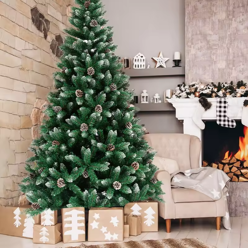 Promotional Cheap Artificial Christmas PVC Tree with White Glitter and Pine Cone Silver Berry for Home Office Holiday Decor supplier