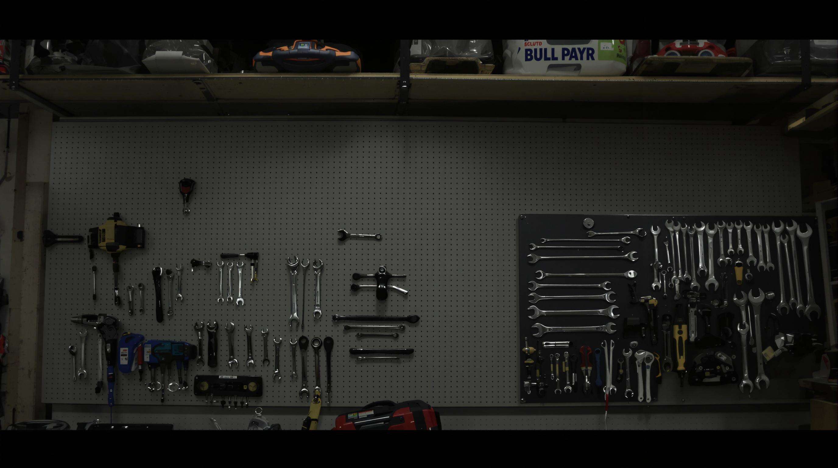 Workshop utilizing pegboards, magnetic strips, and ceiling racks for vertical tool storage solutions