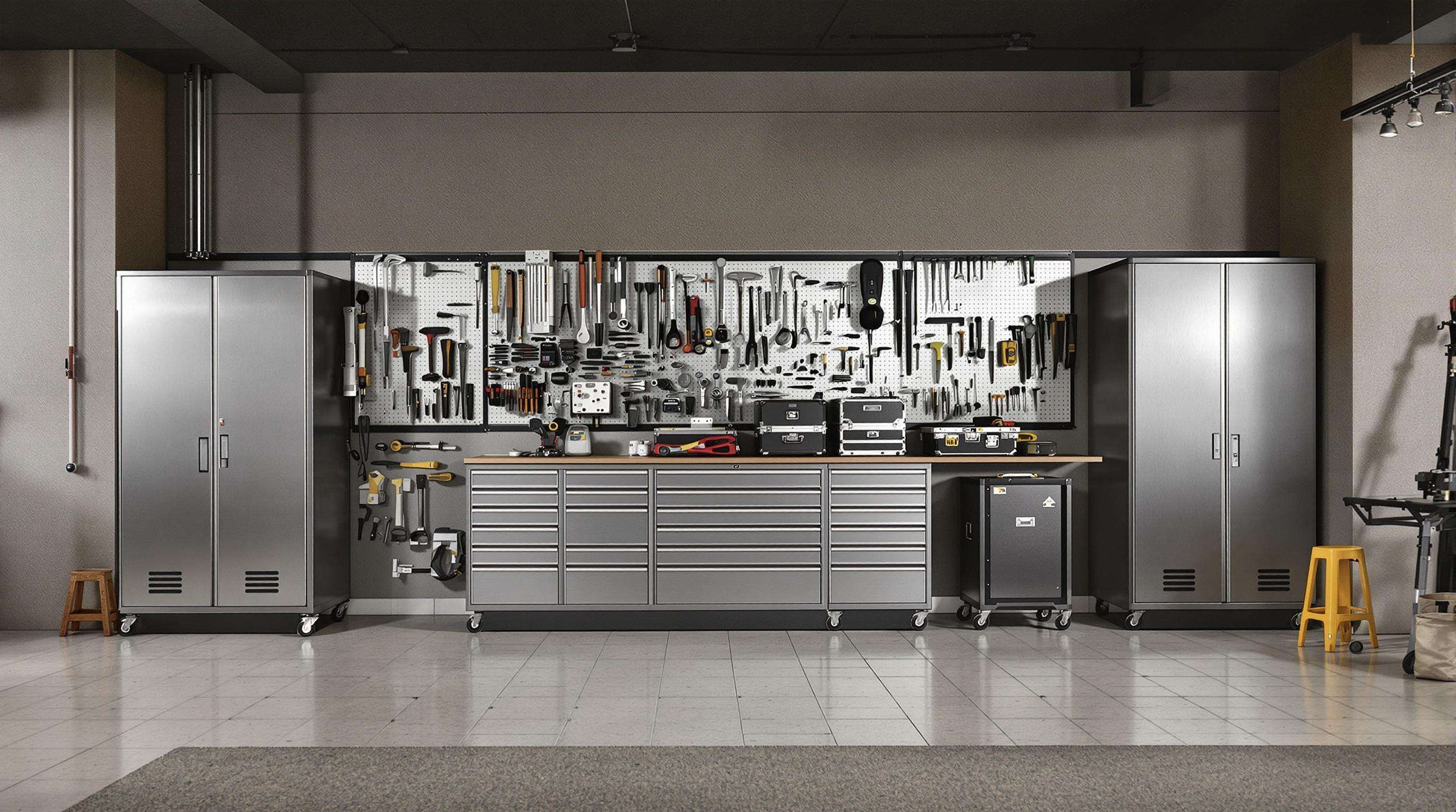 A well-organized workshop with steel tool cabinets and portable chests aligned against the wall