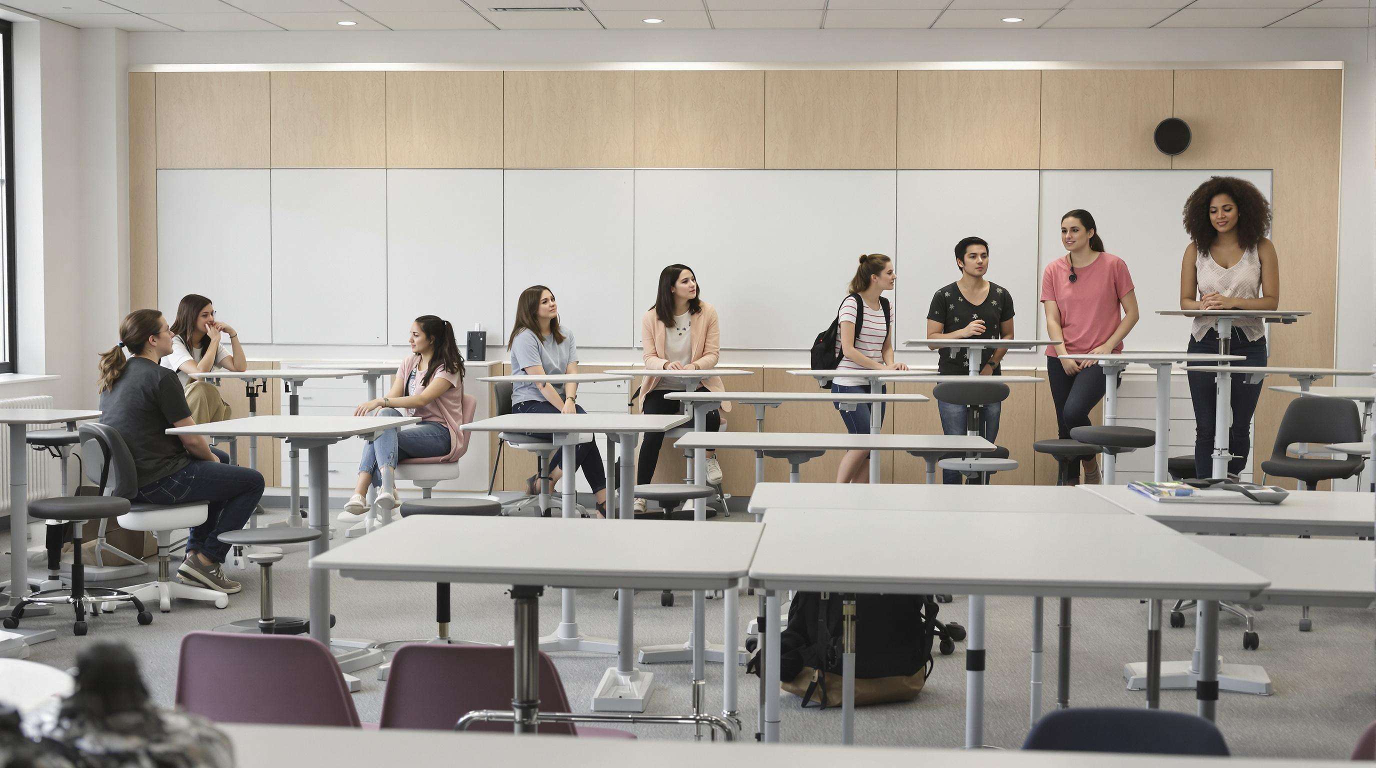 Students engaging in a classroom with flexible, ergonomic desks and diverse seating options