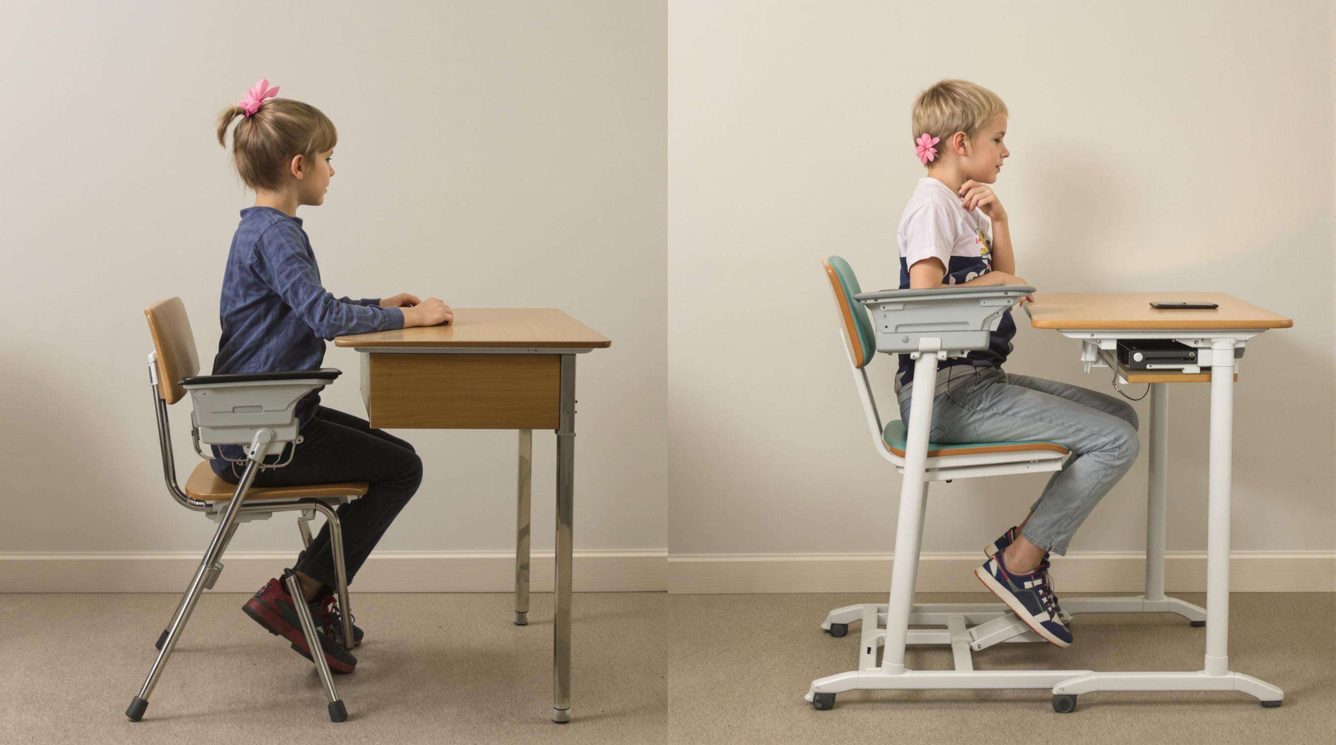 Side-by-side comparison of poor posture at an old desk and good posture at a modern ergonomic student desk