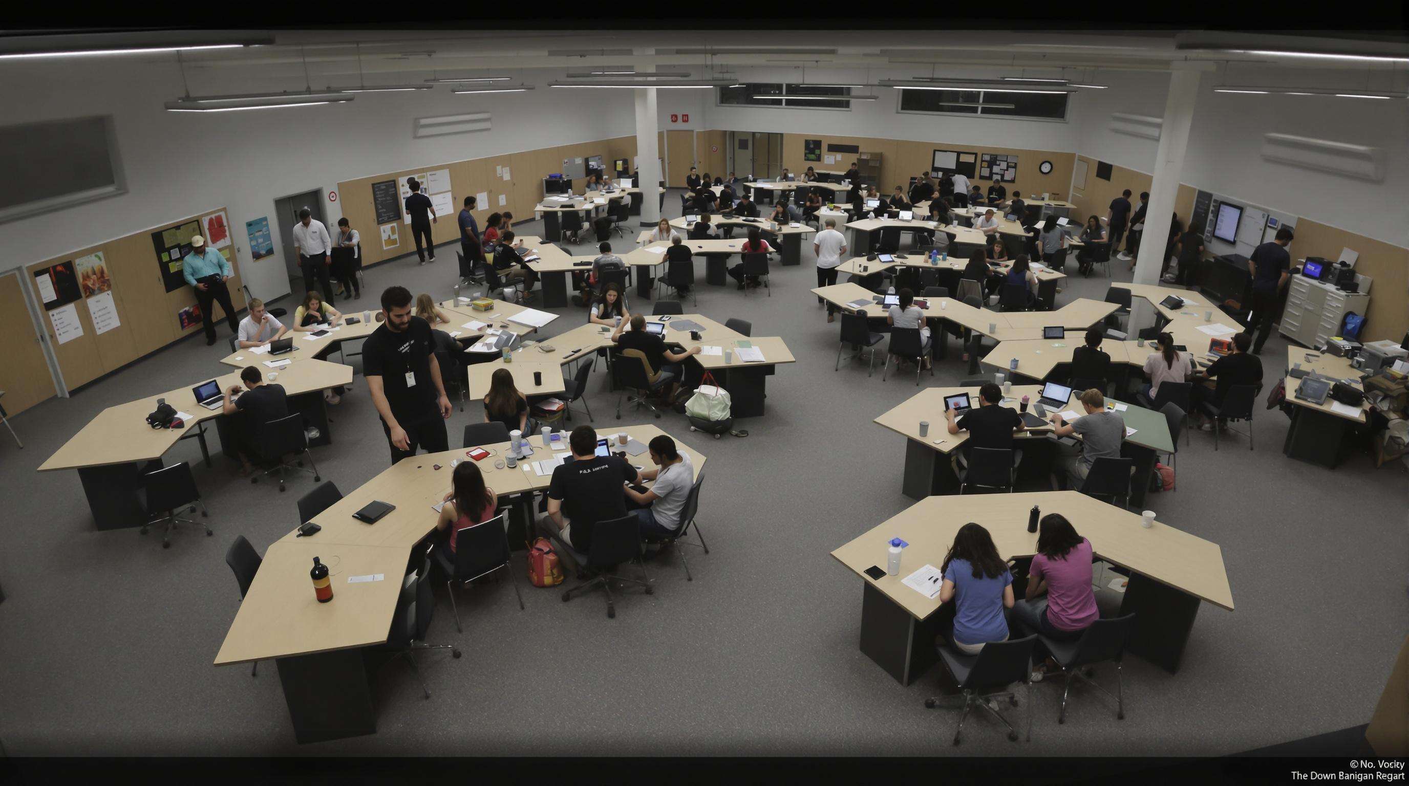 Collaborative classroom with clustered hexagonal and trapezoidal desks supporting group work