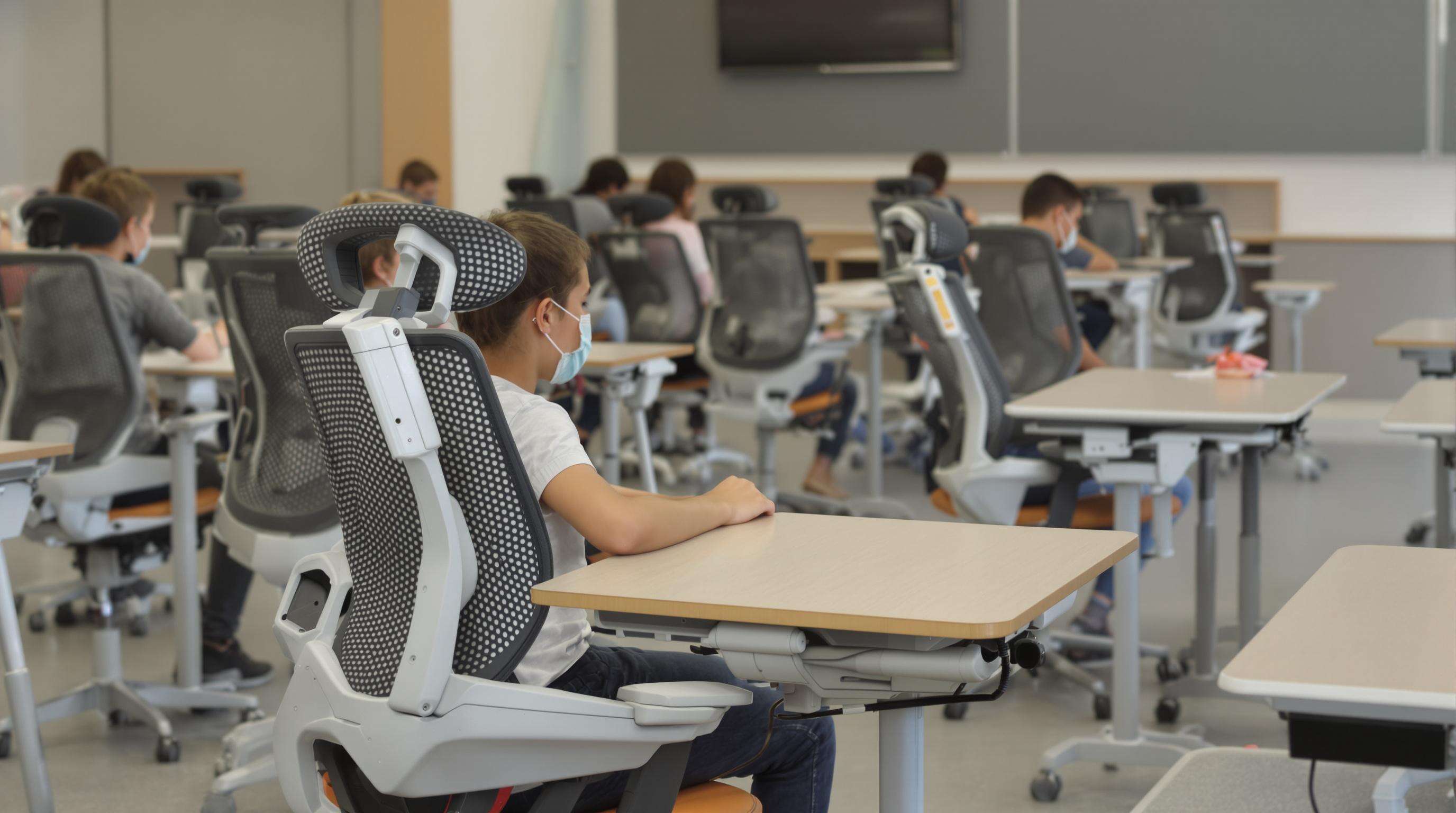 Students sitting at adjustable ergonomic desks and chairs demonstrating proper posture in a modern classroom