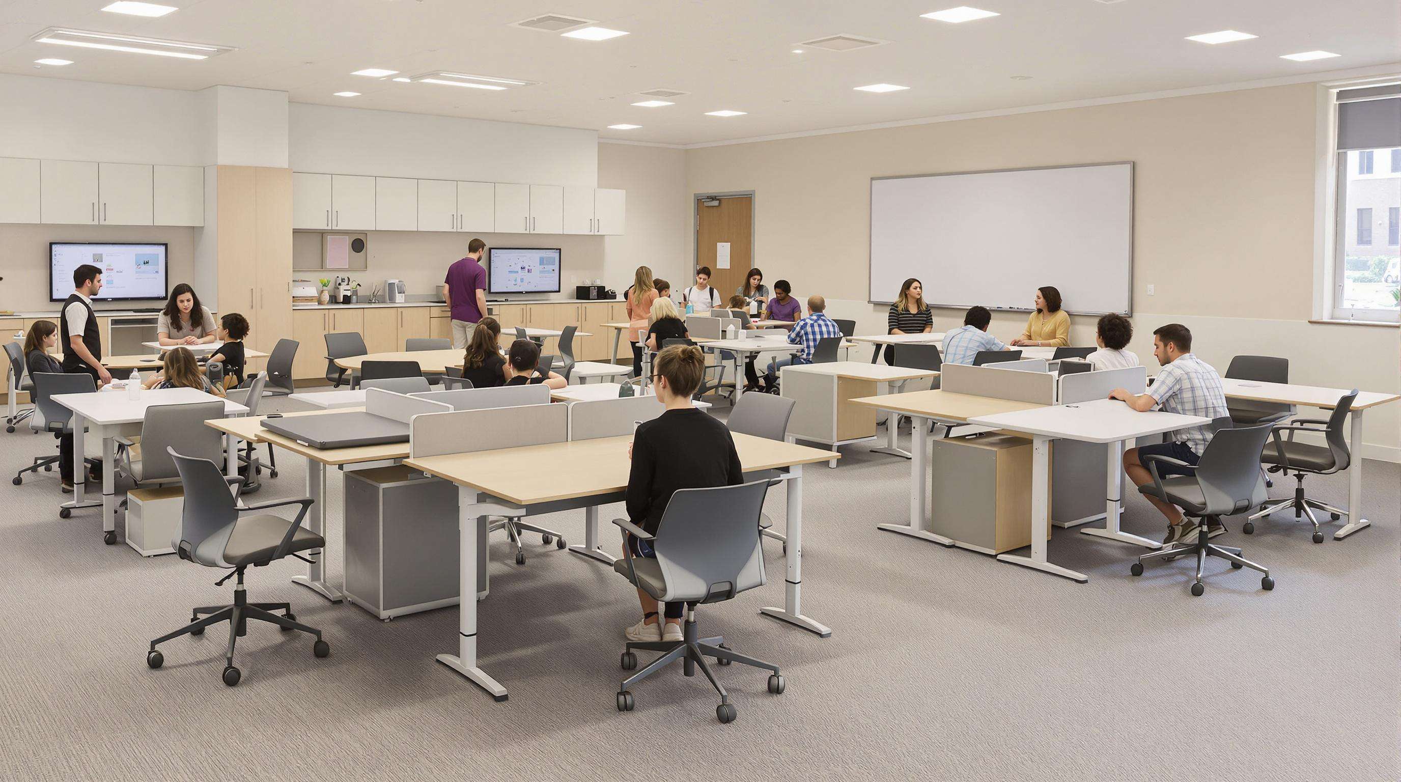 Students working in groups at clustered, reconfigurable desks in a modern classroom with modular furniture