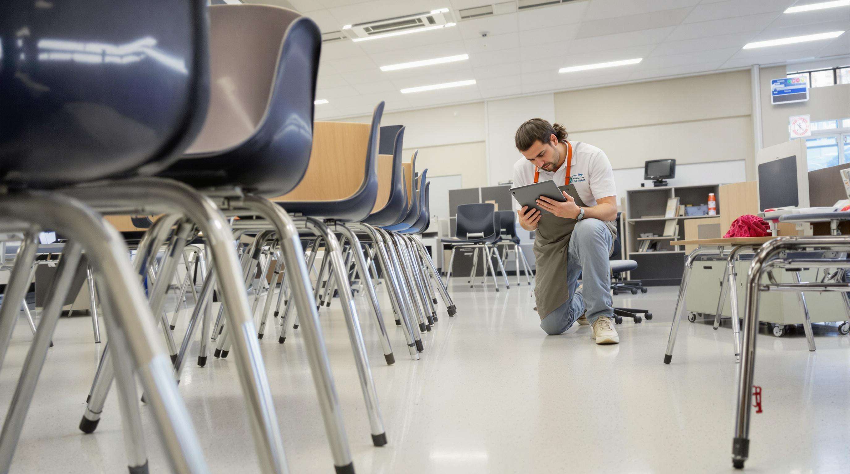 A custodian inspects classroom chairs and tables for wear in a sunlit classroom, using a digital tablet