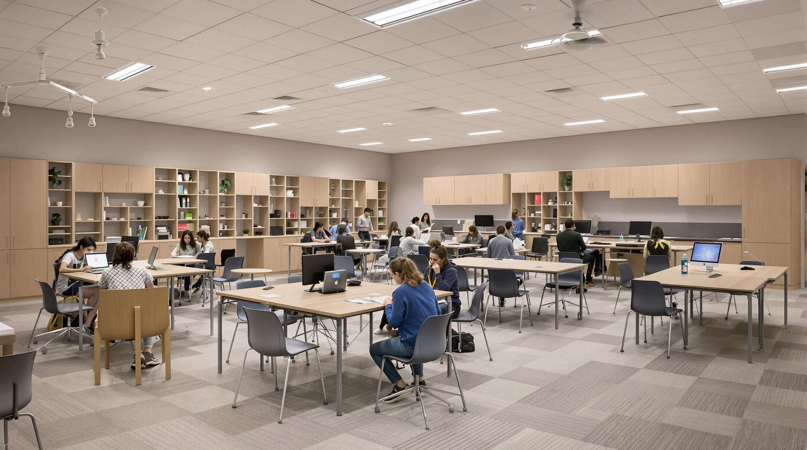 Flexible classroom showing students at movable desks arranged for both individual work and group collaboration