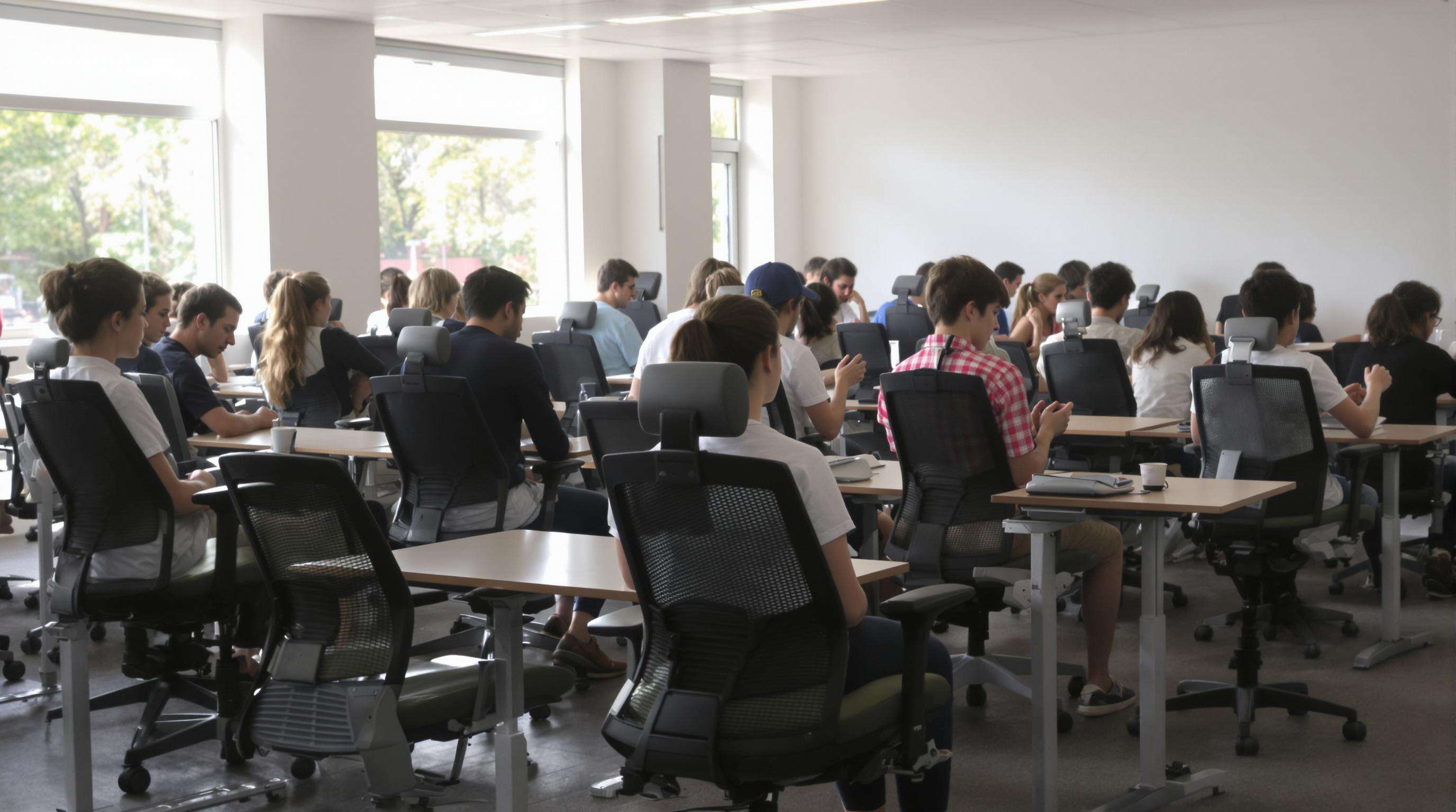Students in a classroom, most sitting comfortably at ergonomic desks, a few fidgeting in outdated chairs