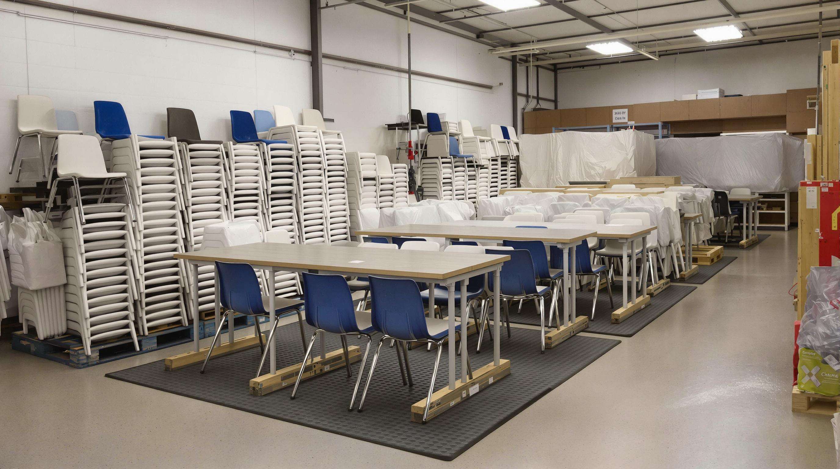 Classroom chairs and tables neatly stored on mats and pallets in a protected storage room during break
