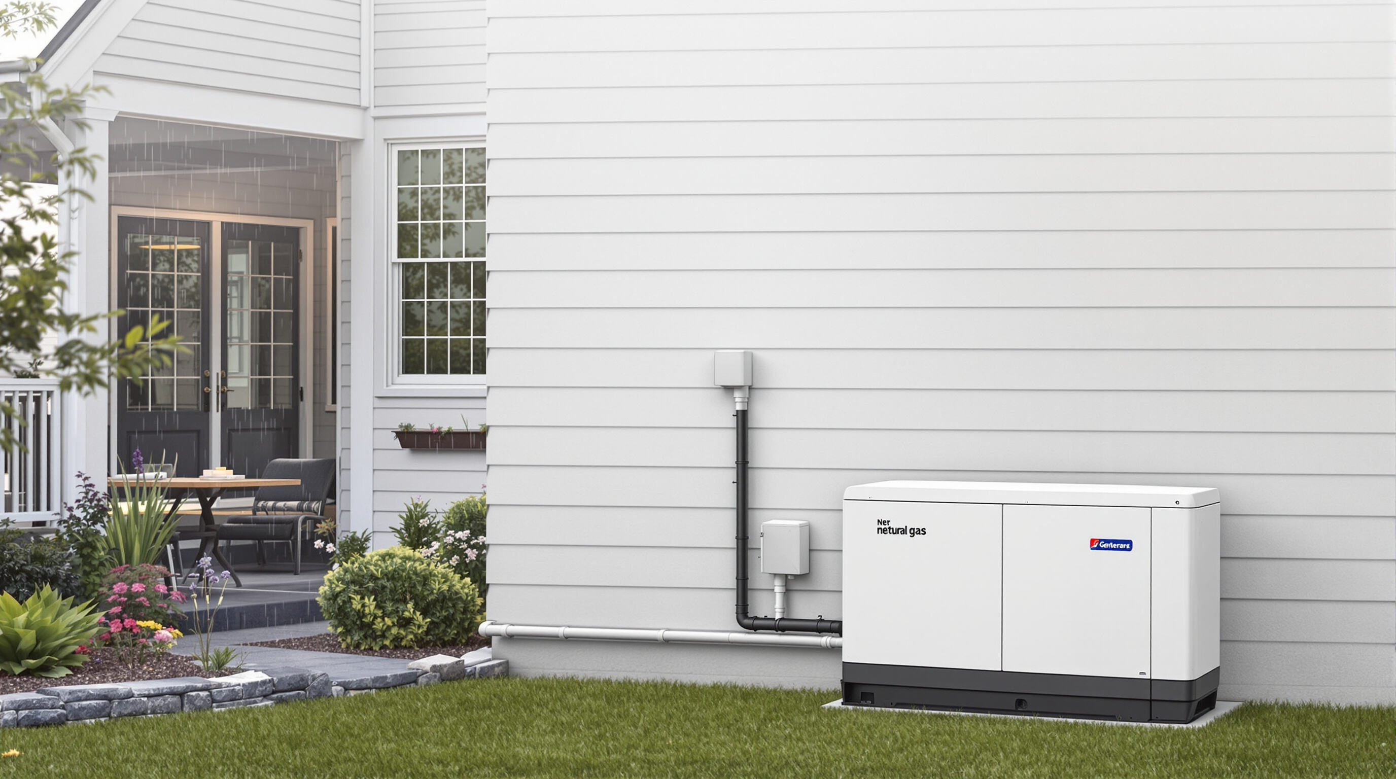 A residential home with a natural gas generator connected to utility lines in a landscaped yard.