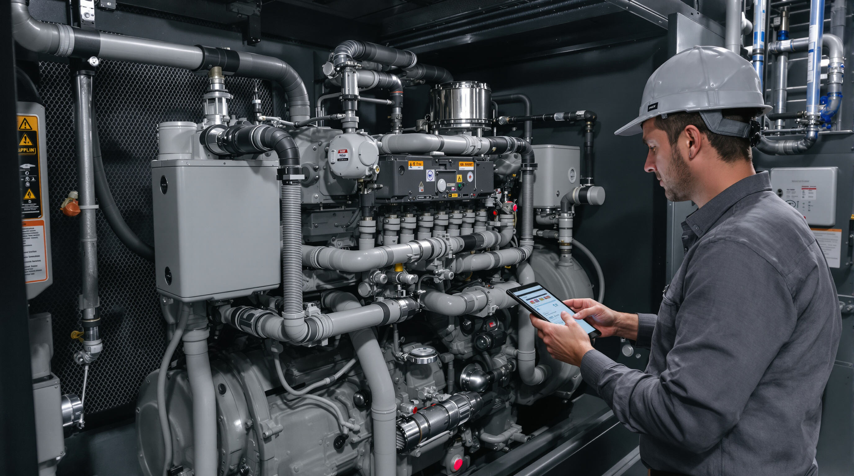 Technician inspecting clean natural gas generator in utility room with organized components