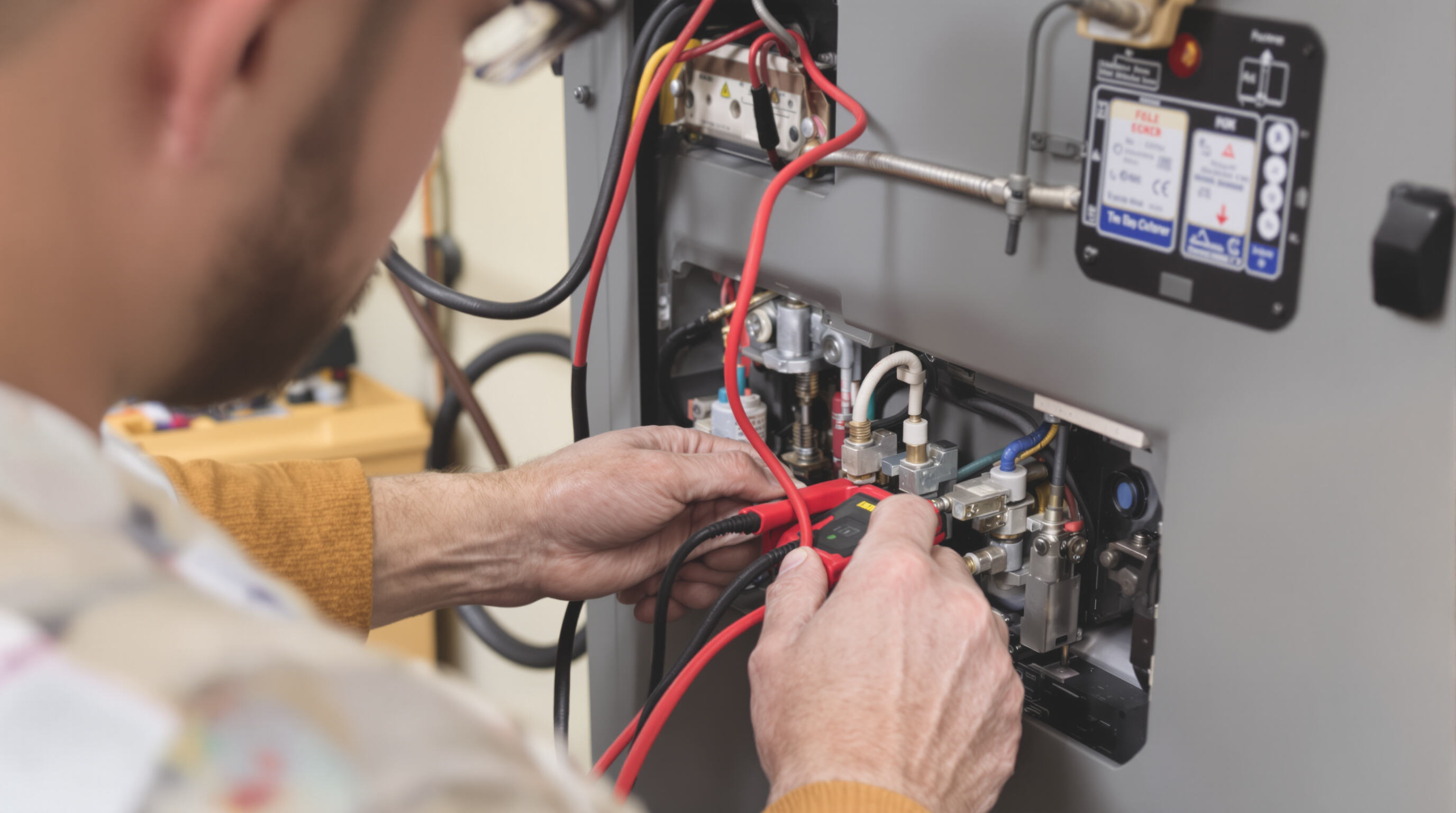 Technician testing generator battery health and cleaning electrical connections